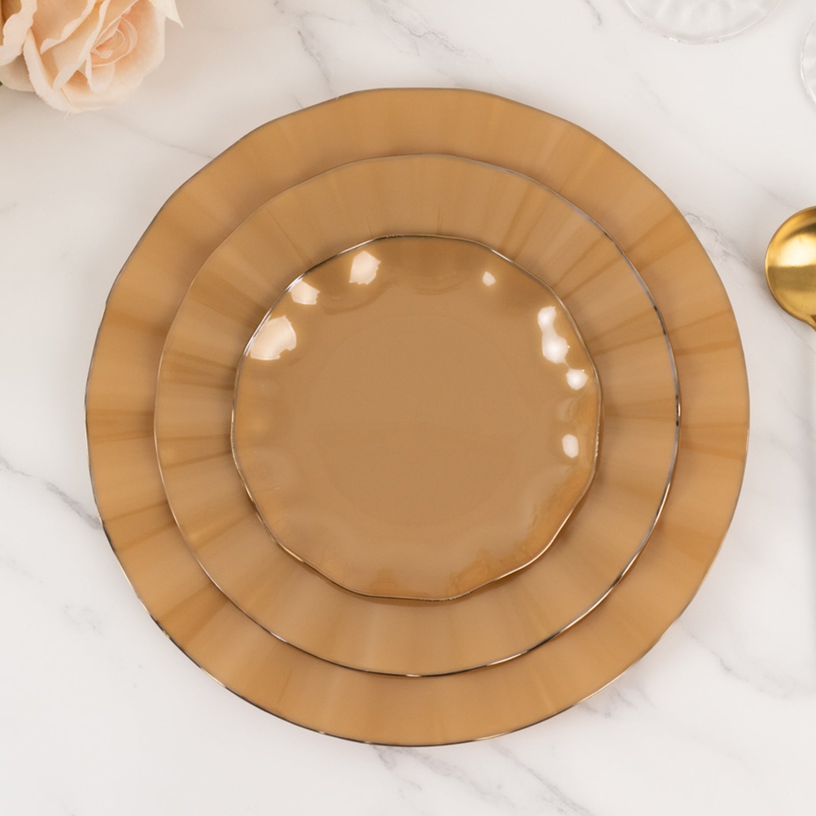 10-Pack Plastic Round 6 Dessert Plates in Gold with Ruffled Rim - Sturdy Disposable Salad Appetizer Dinnerware for Classy Events & Banquets