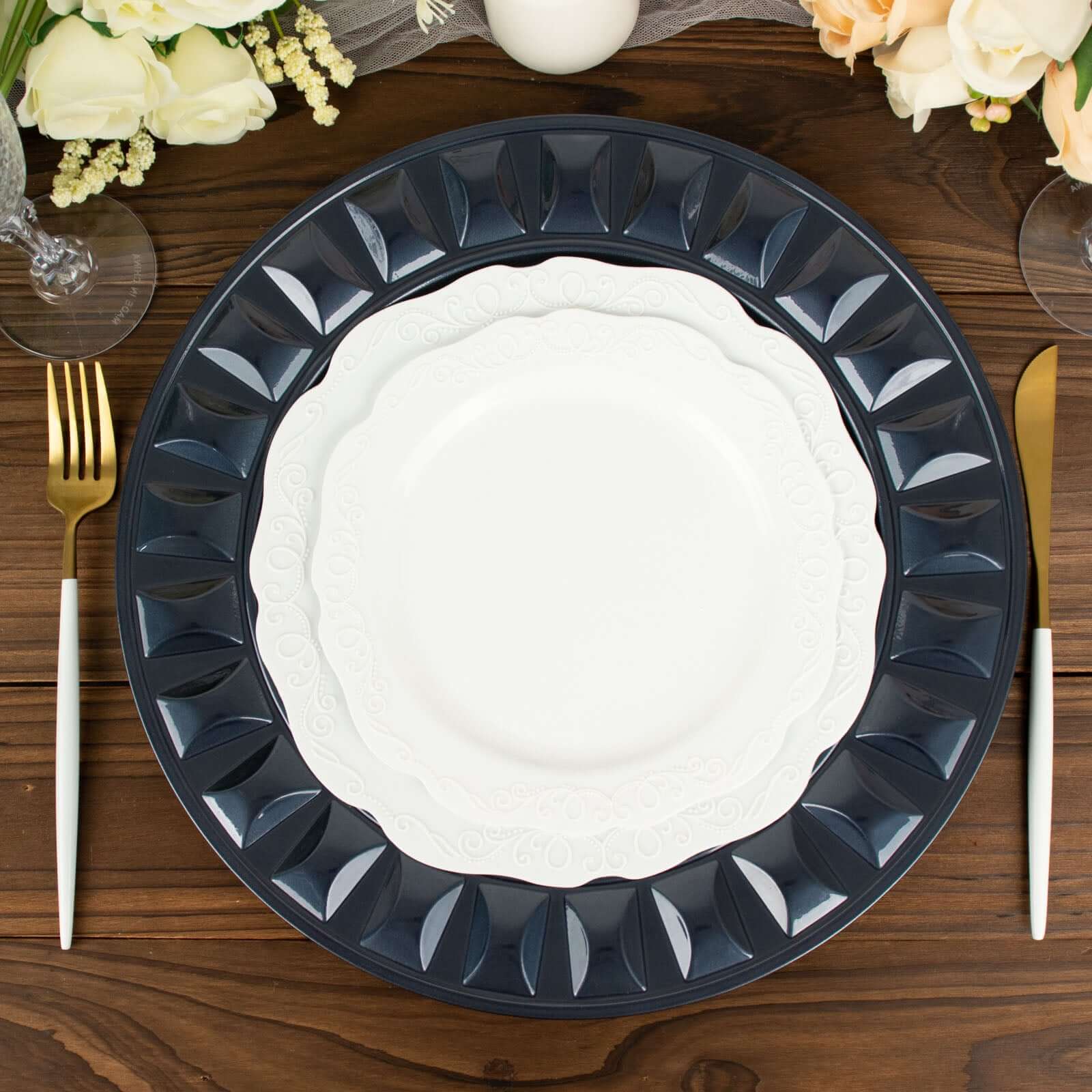 6-Pack Plastic Round Charger Plates 13 in Navy Blue with Bejeweled Rim, Luxe Decorative Dinner Party Charger Tableware