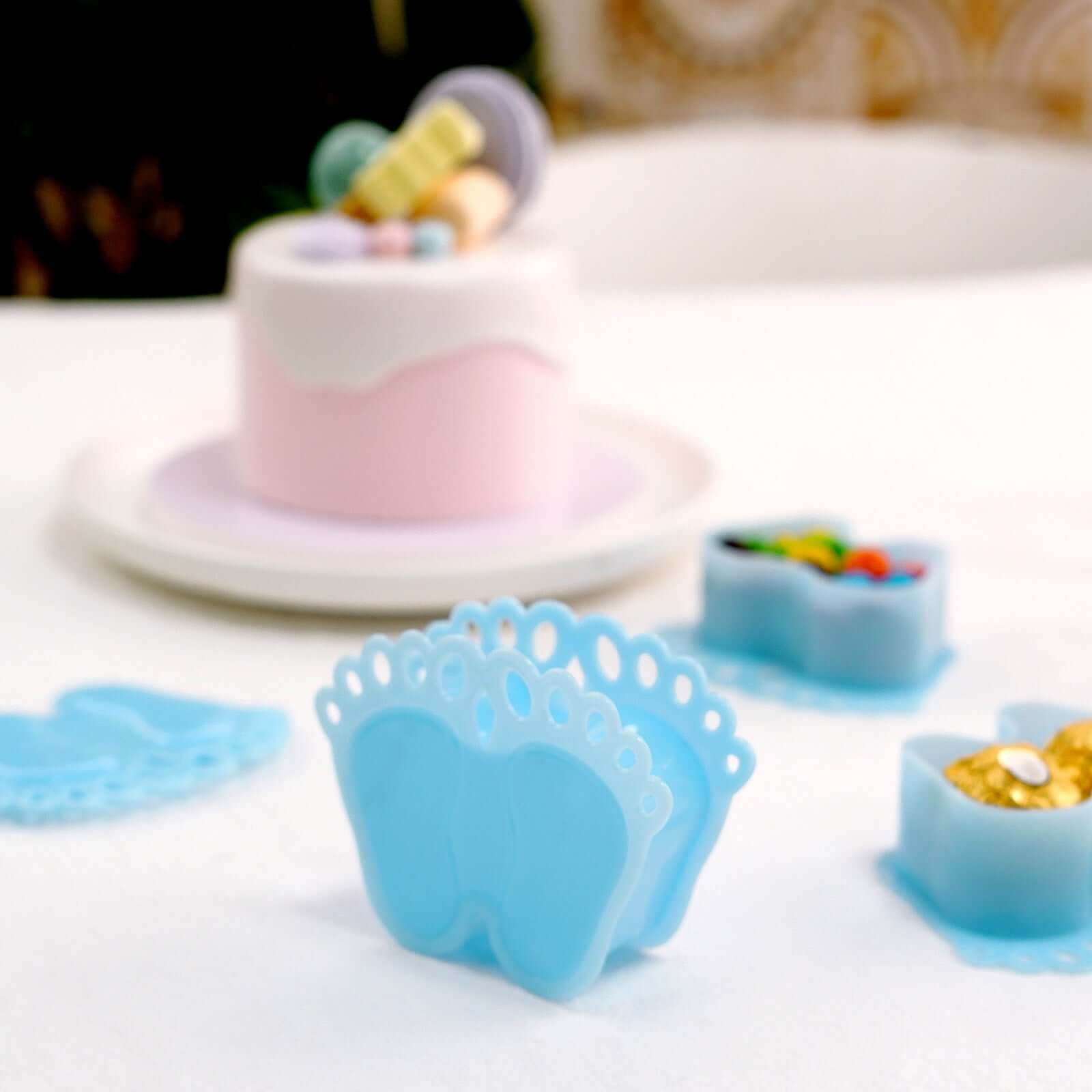 12-Pack Fillable Mini Candy Container in Baby Feet Style Clear/Light Blue - Unique Candy Treat Favor Boxes for Baby Shower 3.5