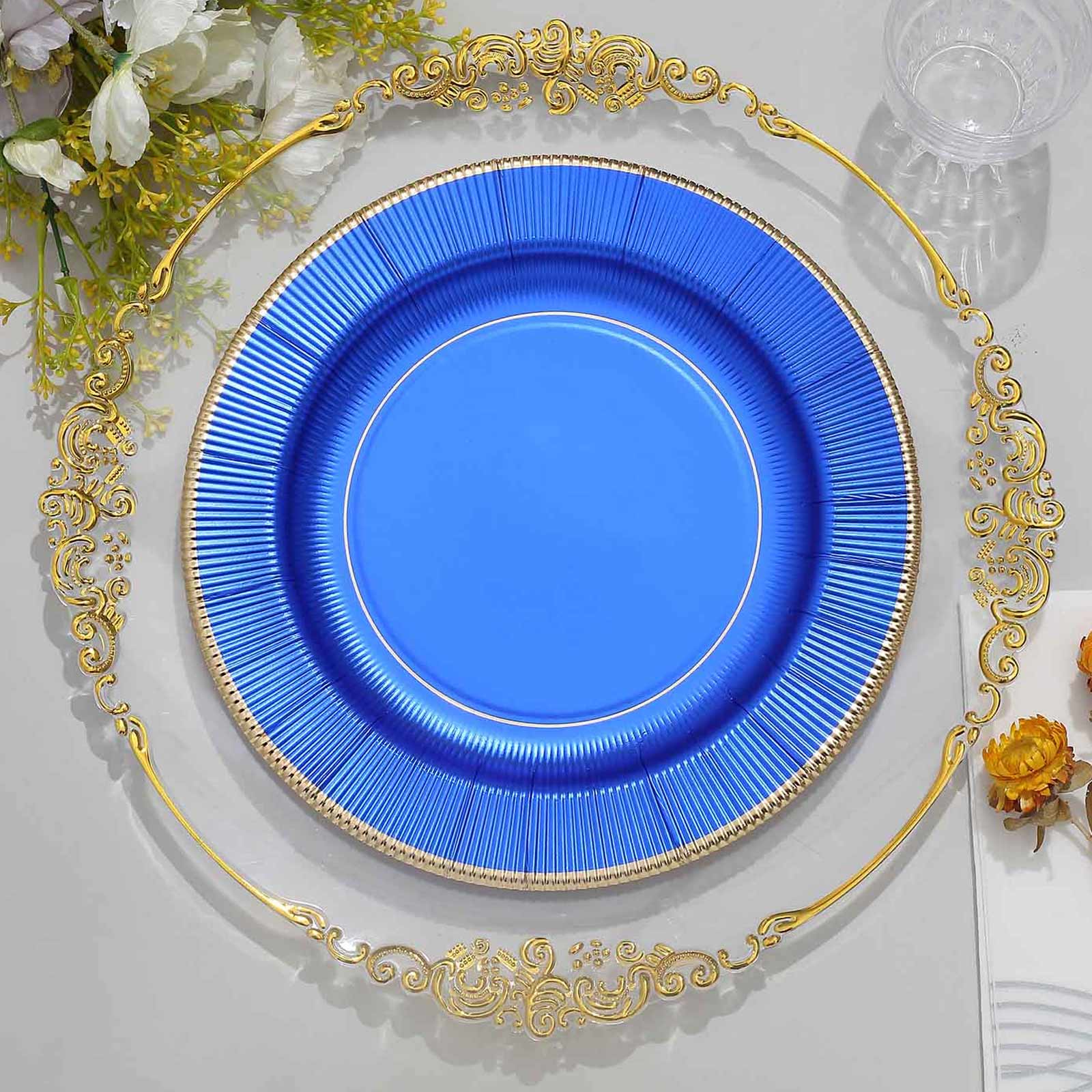 25-Pack Paper 10 Round Dinner Plates in Royal Blue Sunray Design with Gold Rim - Disposable Heavy Duty 350GSM Party Plates