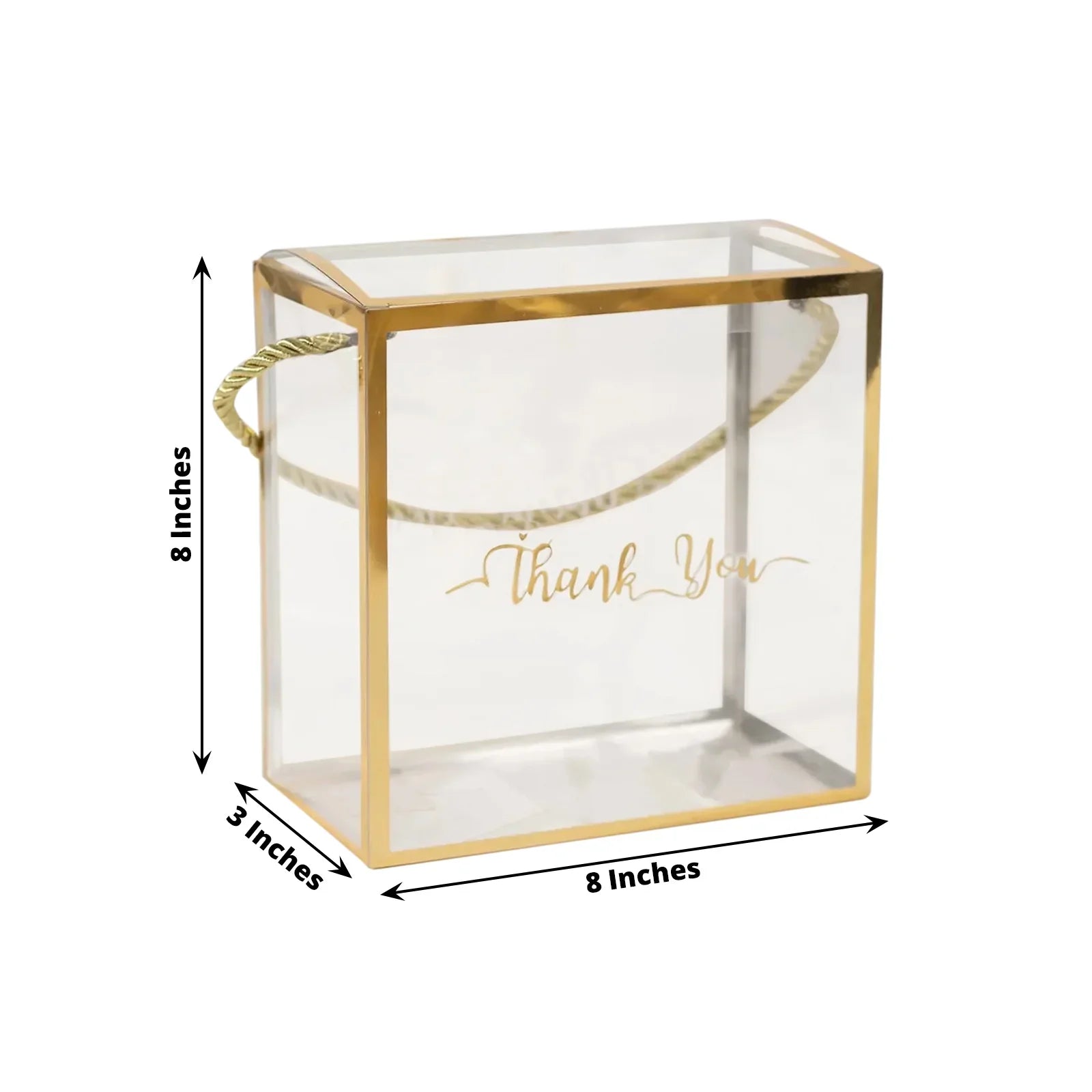 25 Pack Gold Trimmed Clear PVC Gift Boxes with Rope Handles and Thank You Print, Square Transparent Portable Candy Favor Boxes - 8x8