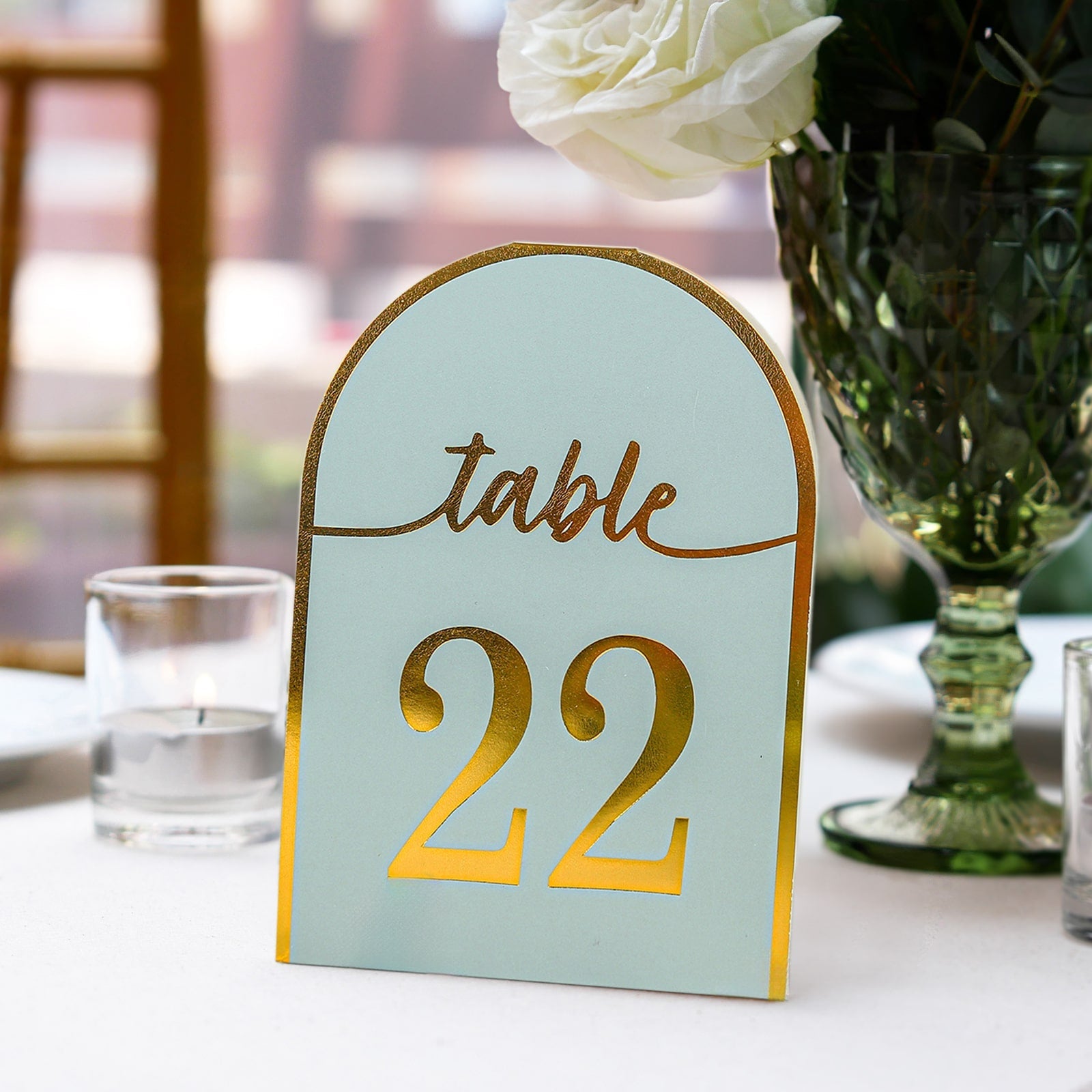 25-Pack Paper Wedding Table Numbers 1-25 Dusty Blue Arch Cutout Design - Sleek & Modern Free Standing Double Sided Table Tent Cards with Metallic Gold Foil Numbers 7