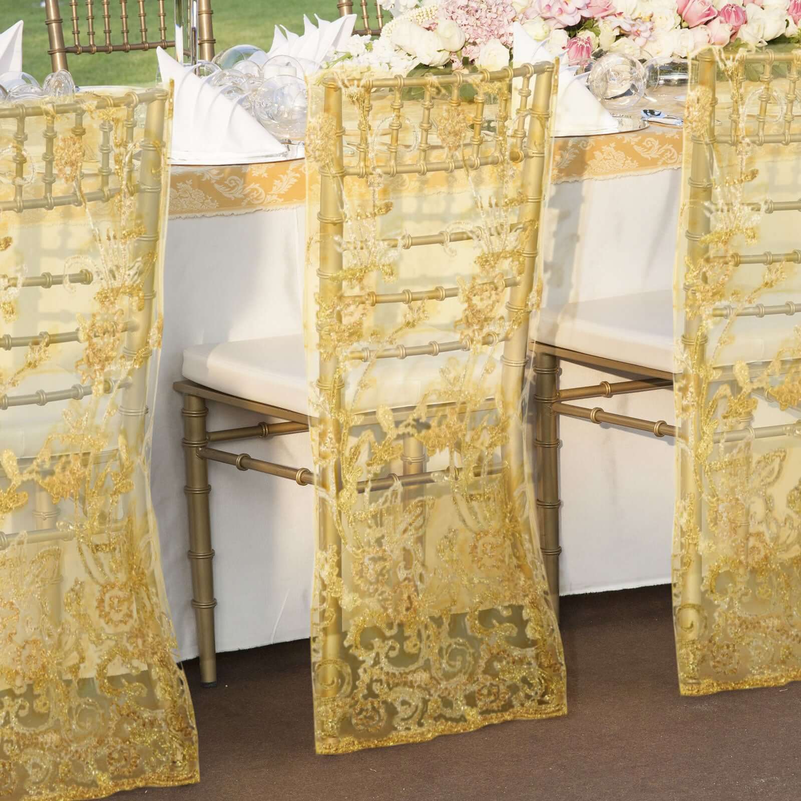 Organza Chiavari Chair Slipcover with Floral Sequin Embroidery Gold - Lace Chair Back Cover