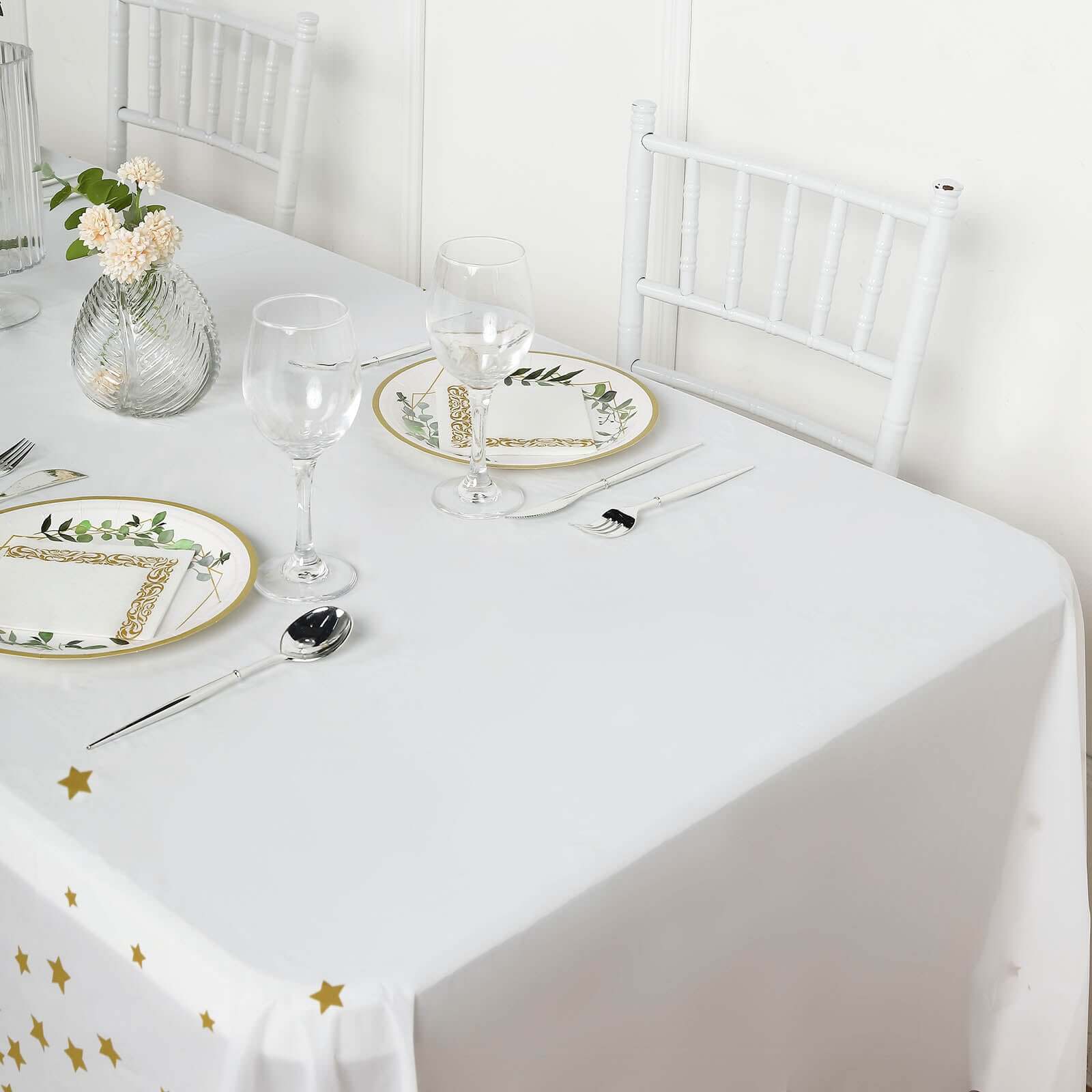 5-Pack Plastic Table Covers White Rectangle with Gold Stars - Decorative PVC Disposable Tablecloths 54x108