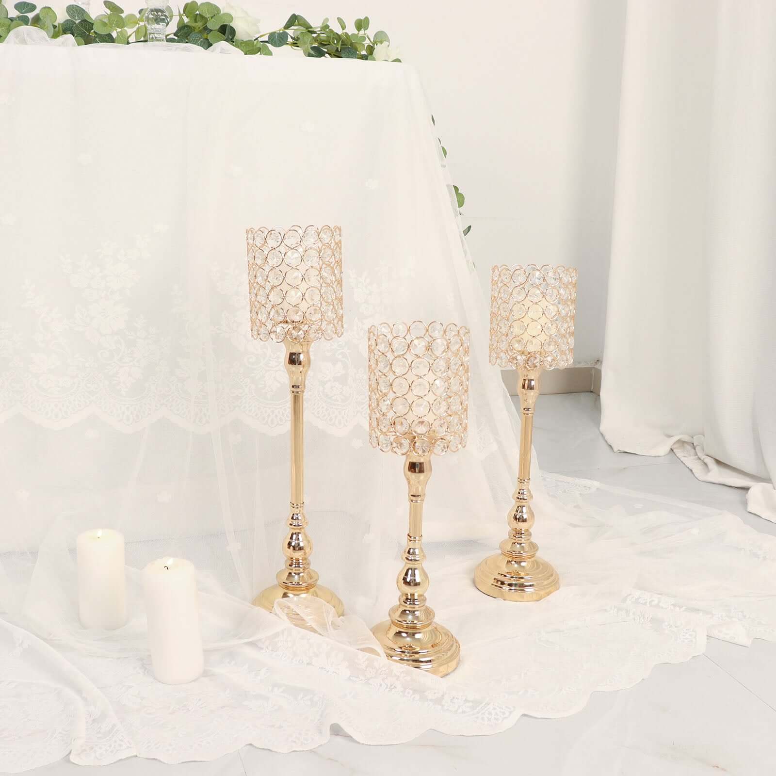 Set of 3 Crystal Beaded Goblet Votive Candle Holder Stands Gold - Tea Light Centerpiece 18, 16, 14