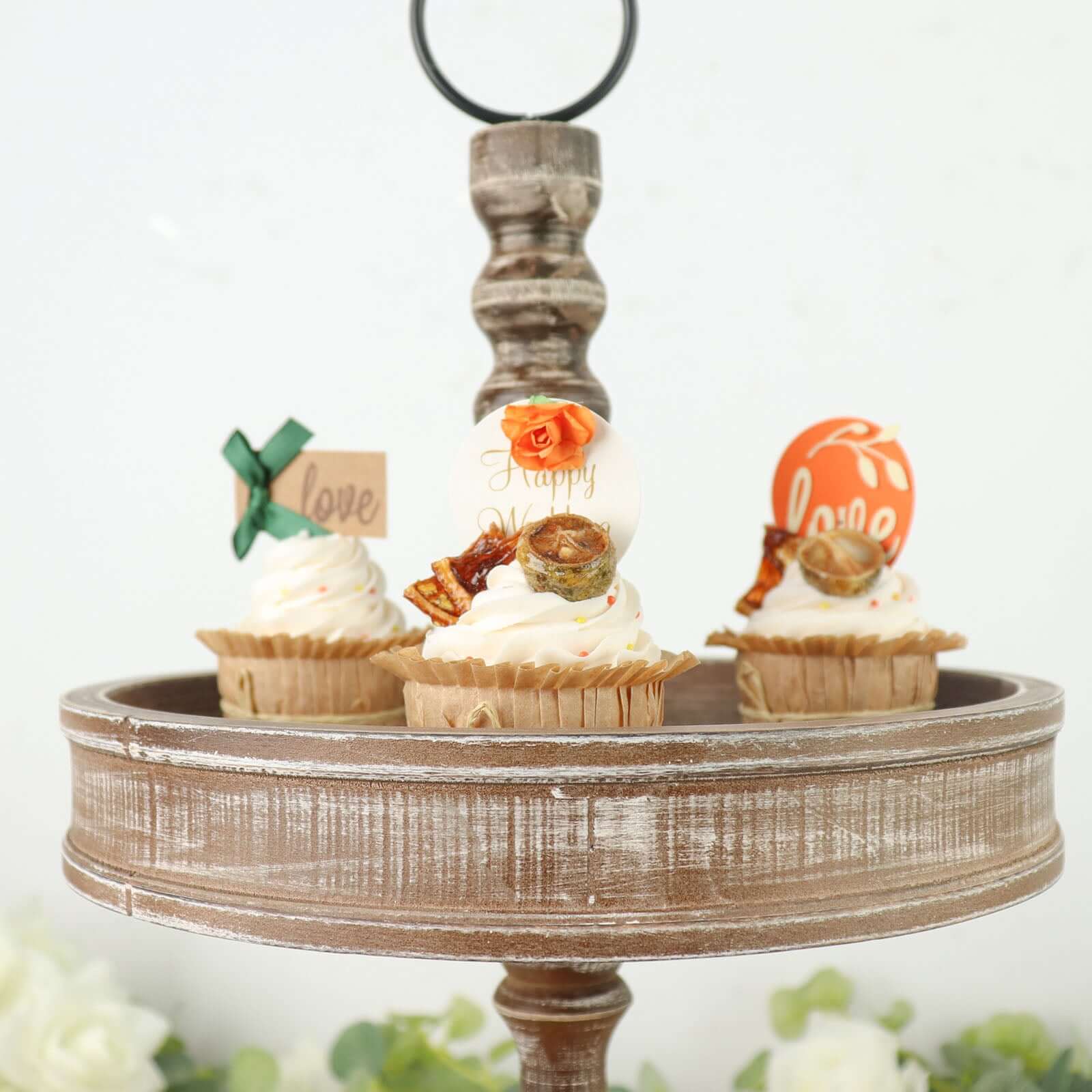 2-Tier Wooden Serving Tray Stand Rustic Brown Design - Farmhouse Style Cupcake Display 20