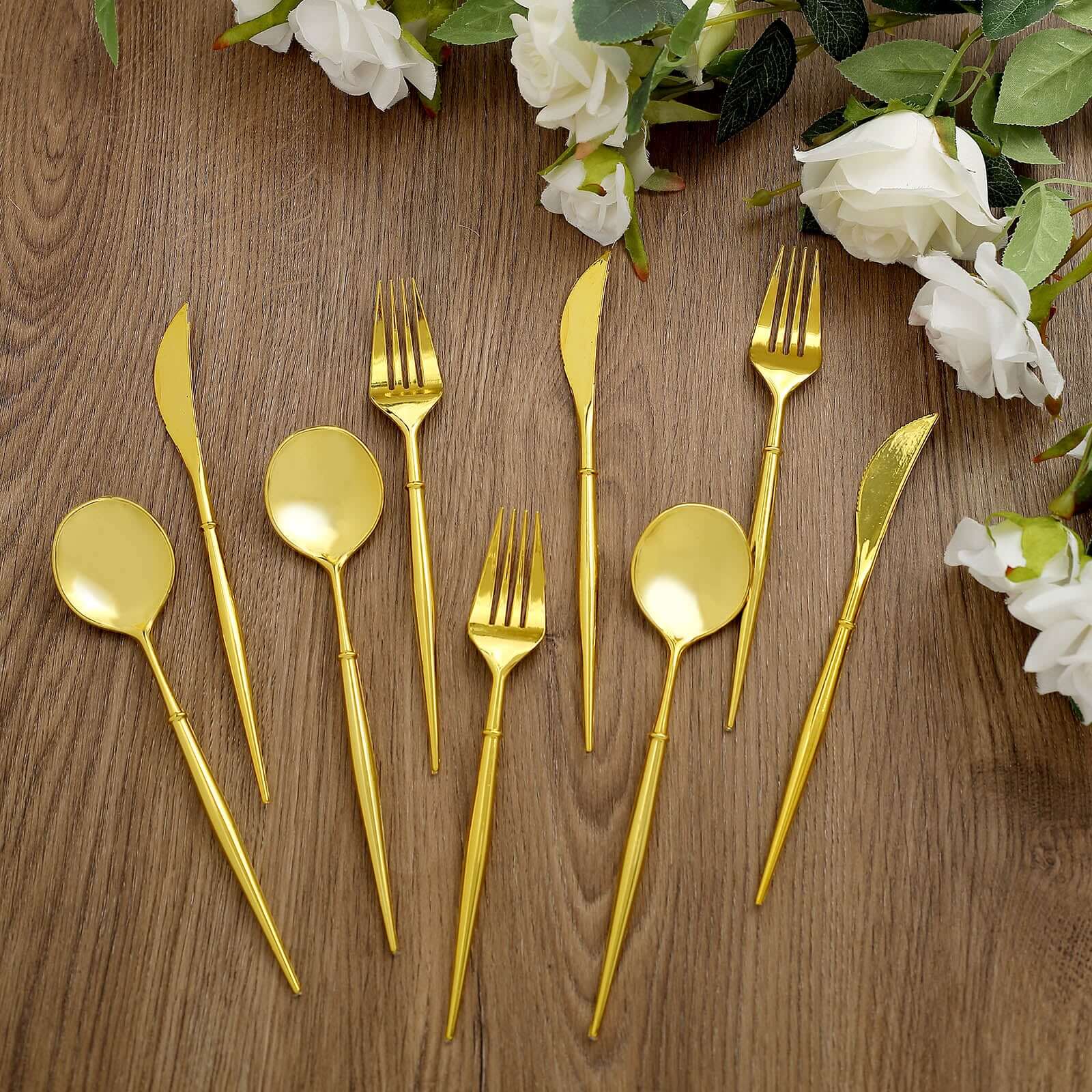 24-Pack Plastic Flatware Set in Gold - Heavy Duty Disposable Modern Silverware 8