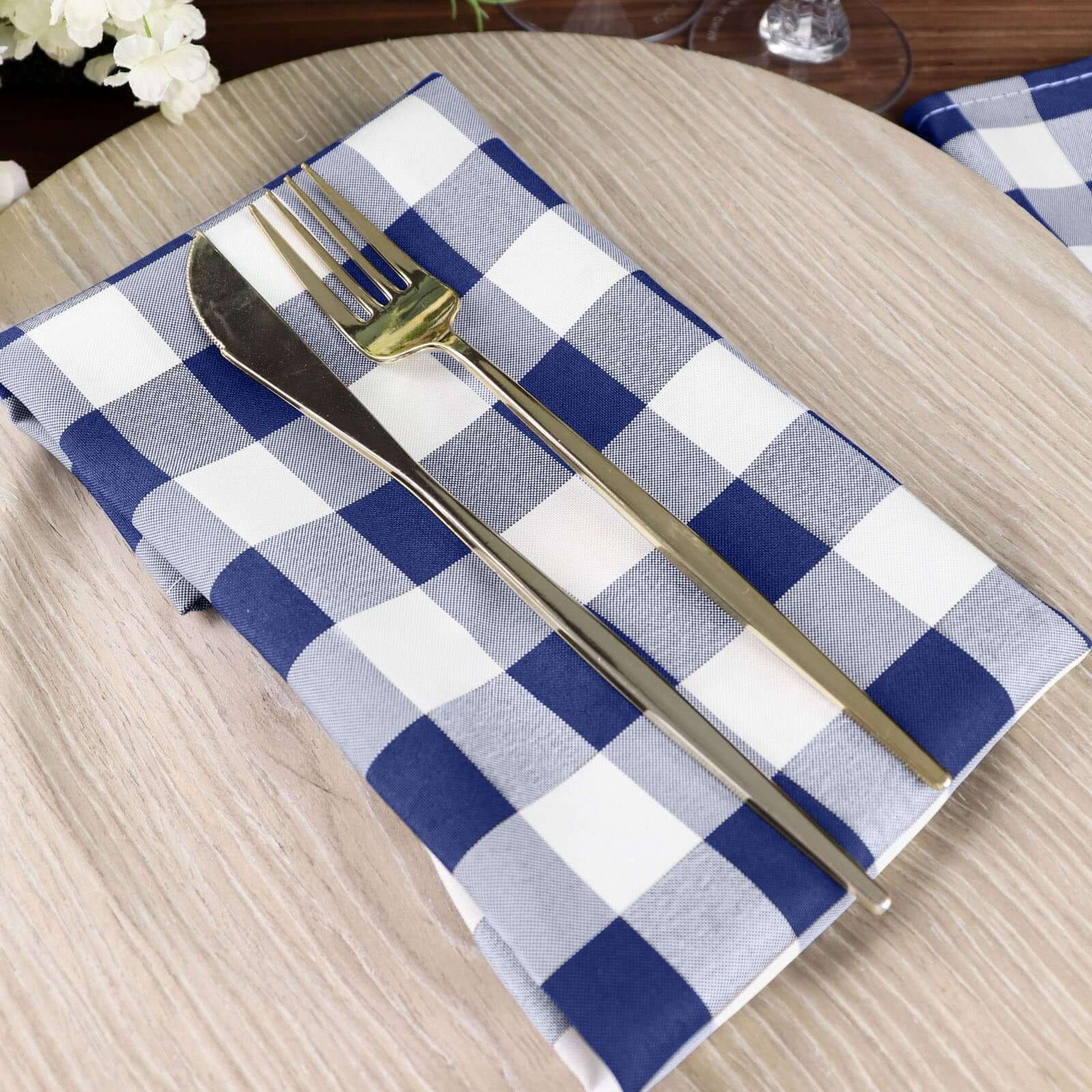 5 Pack Polyester 15x15 Napkins Navy Blue/White Buffalo Plaid Gingham Style Cloth Napkins