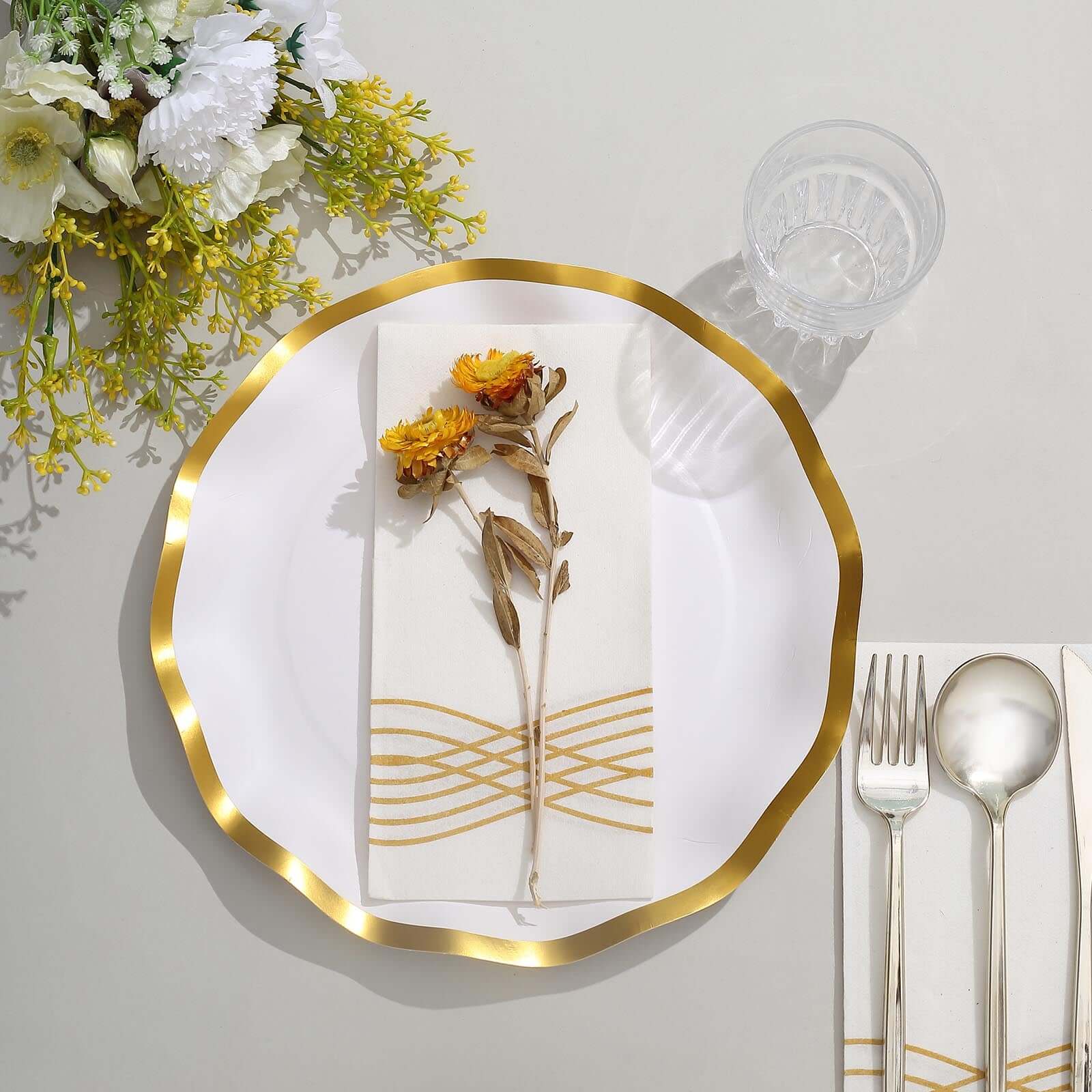 25-Pack Paper Round Dinner Plates 10 Matte White with Gold Wavy Rim - Disposable 350GSM Party Plates for Banquets & Upscale Gatherings