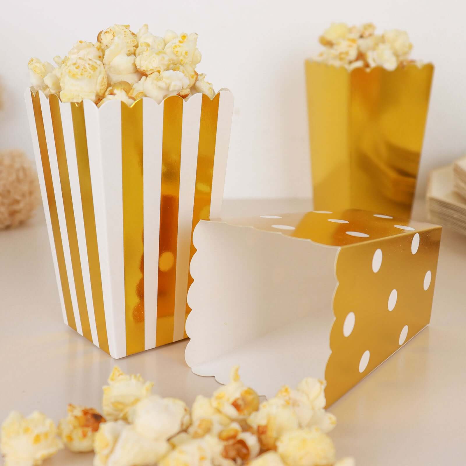 36 Pack 5 White Gold Design Mini Paper Popcorn Boxes, Candy Favor Disposable Bags - Stripe, Polka Dot, Solid Style