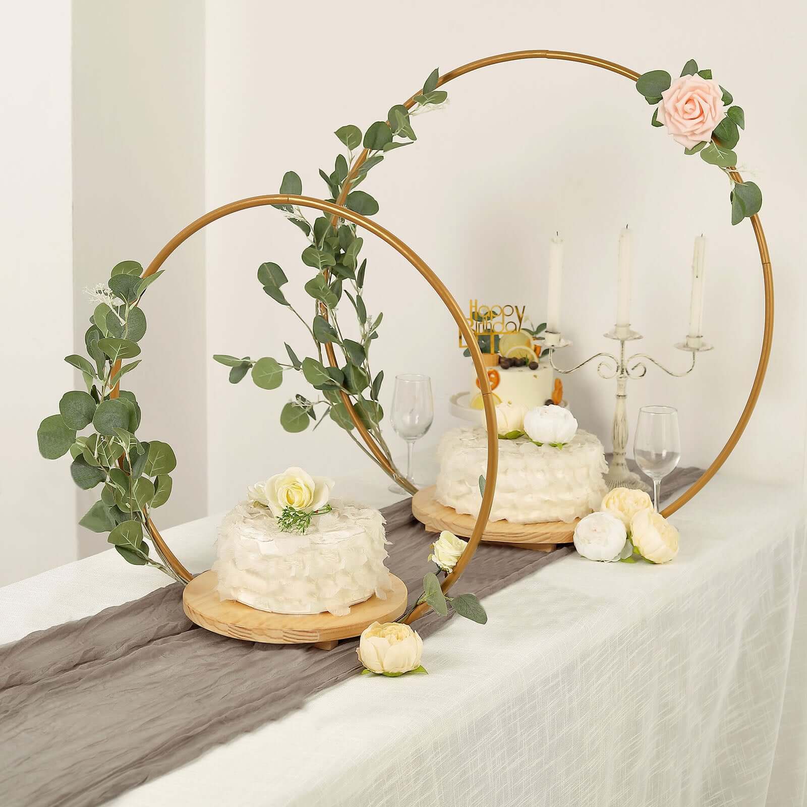 Metal Round Floral Hoop Cake Stand Gold - Chic Geometric Dessert Display DIY Centerpiece Table Decoration With Wooden Base 20