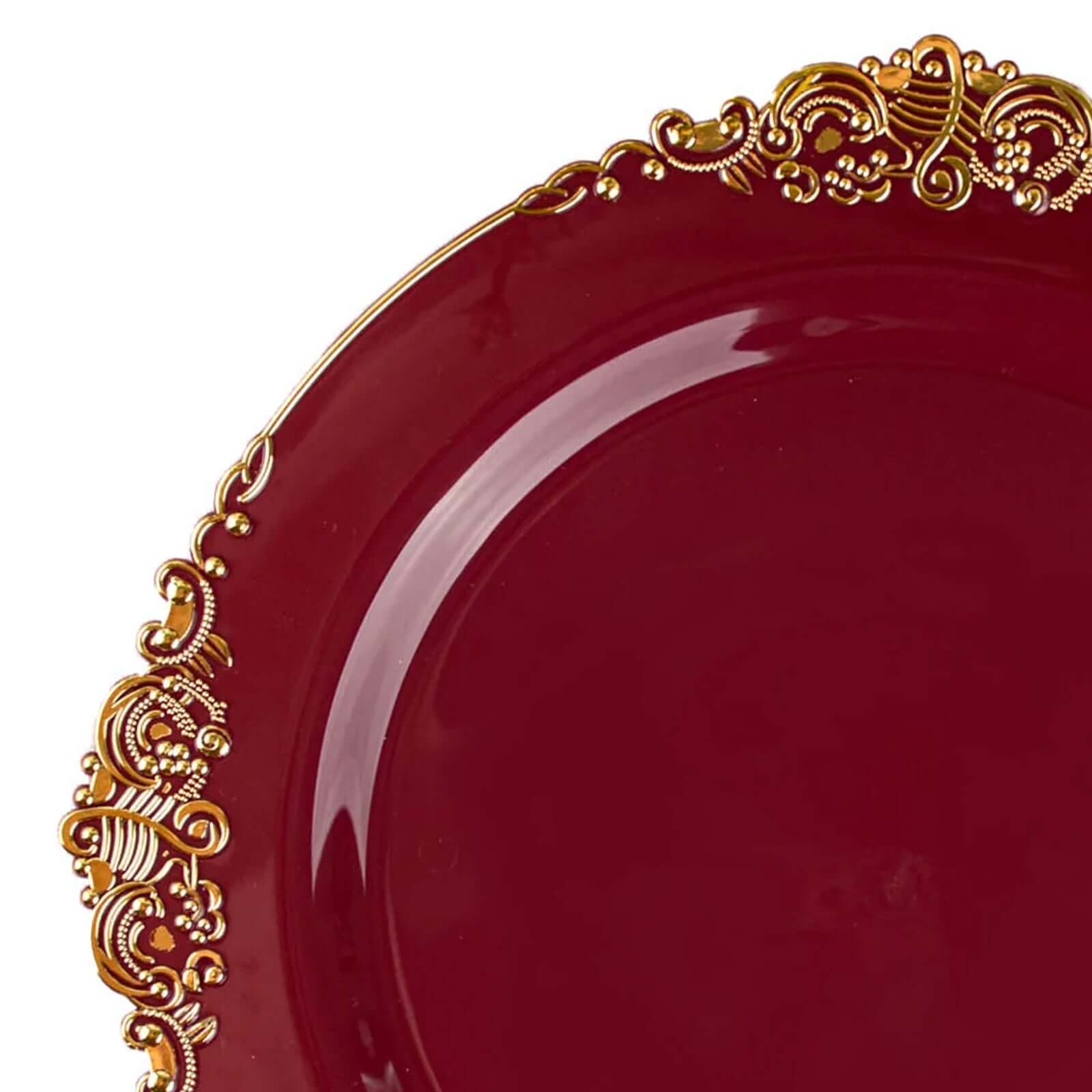 10-Pack Plastic 8 Round Dessert Plates in Burgundy with Gold Leaf Embossed Rim - Disposable Vintage Baroque Style Salad Plates for Luxurious Gatherings & Events