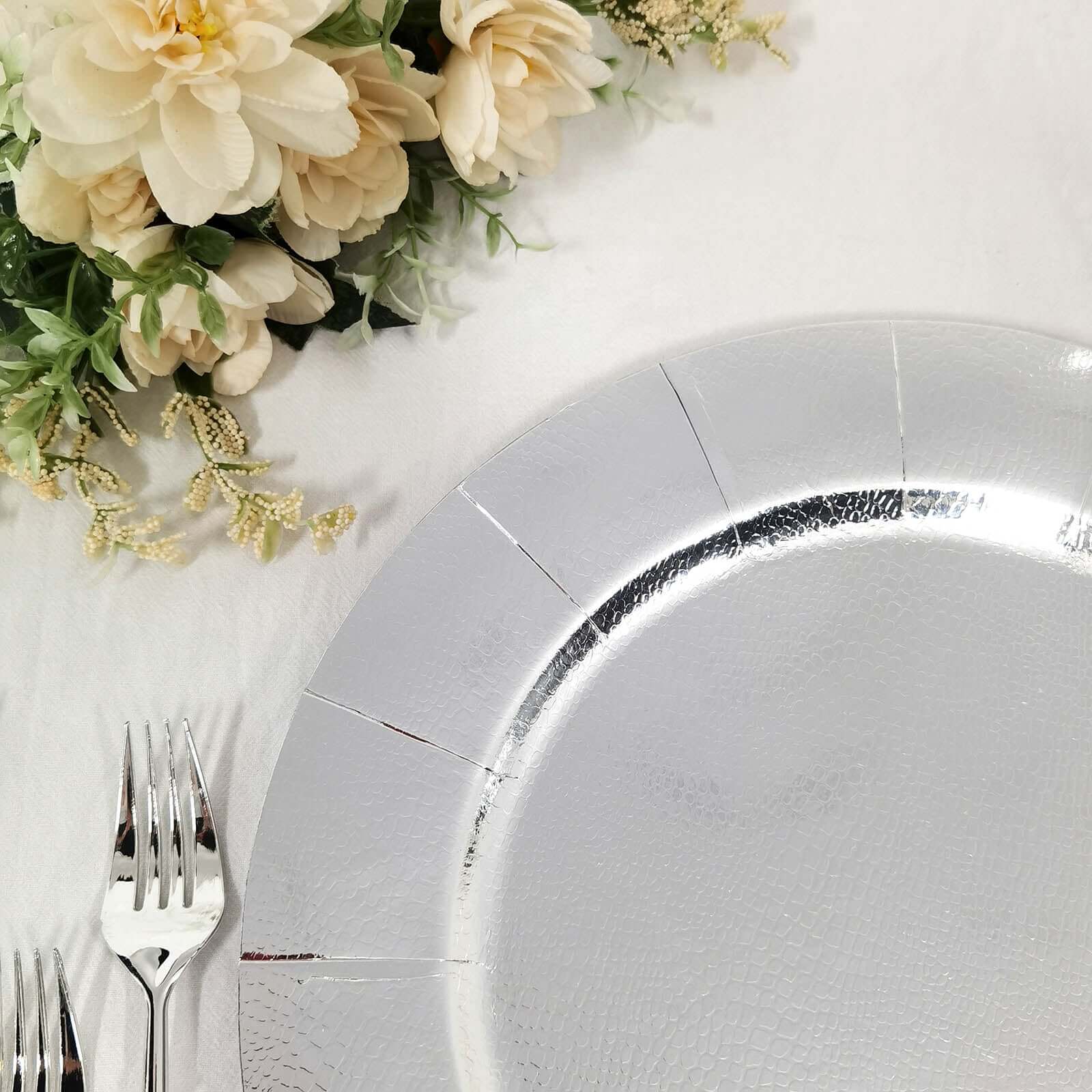10-Pack Disposable Round Charger Plates in Silver with Leathery Texture - Durable 1100GSM Cardboard Placemats 13