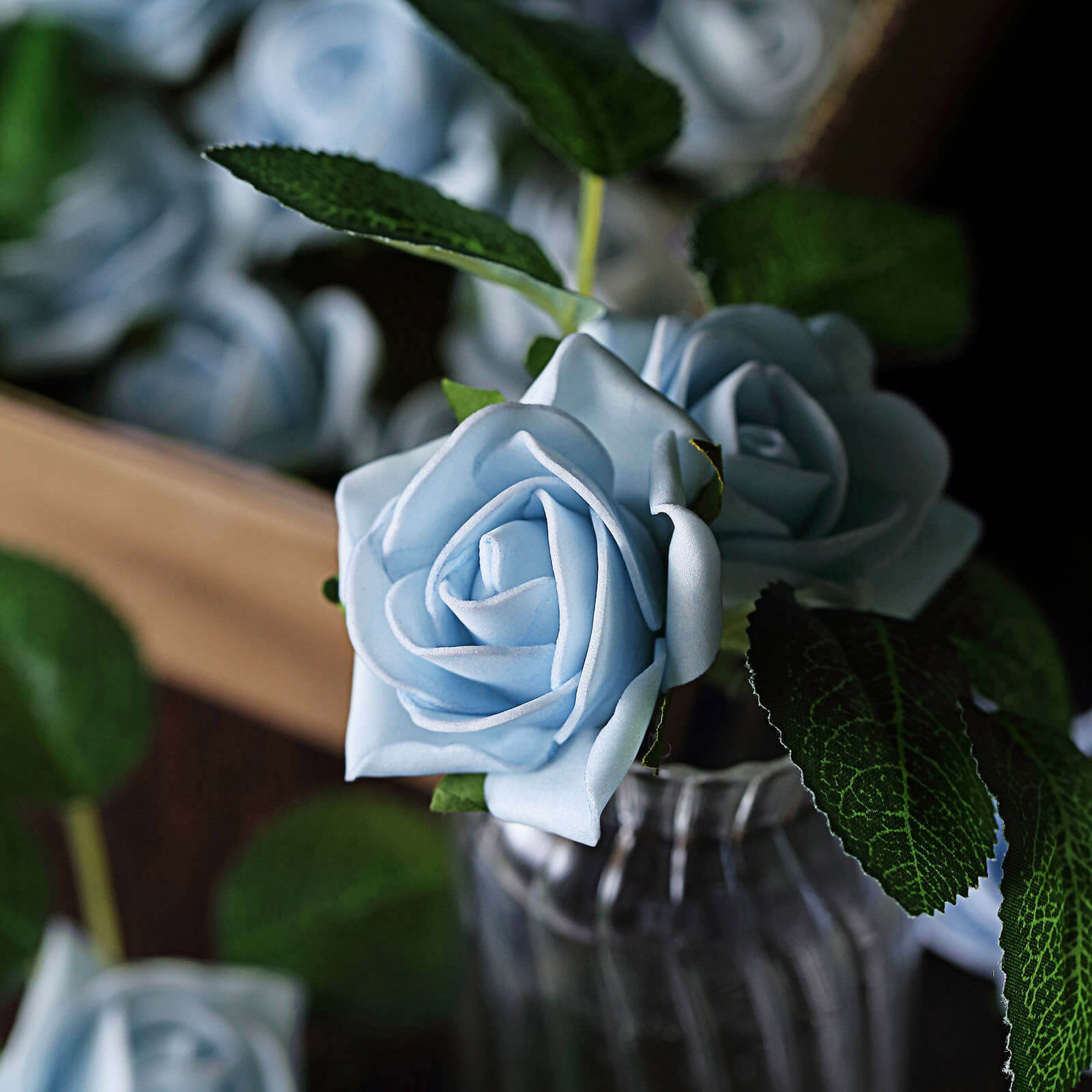 24 Roses 2 Dusty Blue Artificial Foam Flowers With Stem Wire and Leaves