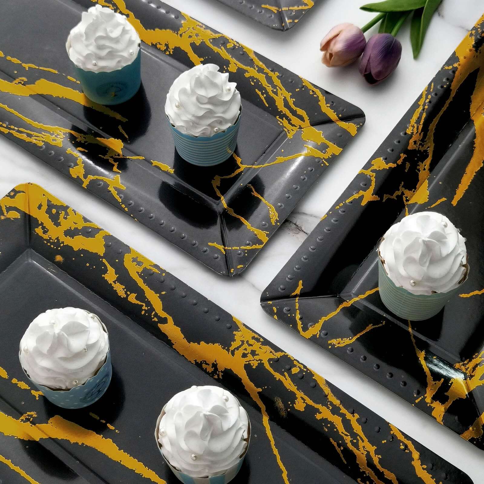 10-Pack Paper 16 Rectangle Serving Trays Black/Gold - Durable 1100GSM Disposable Food Platters with Modern Marble Design for Dessert Tables & Food Stations