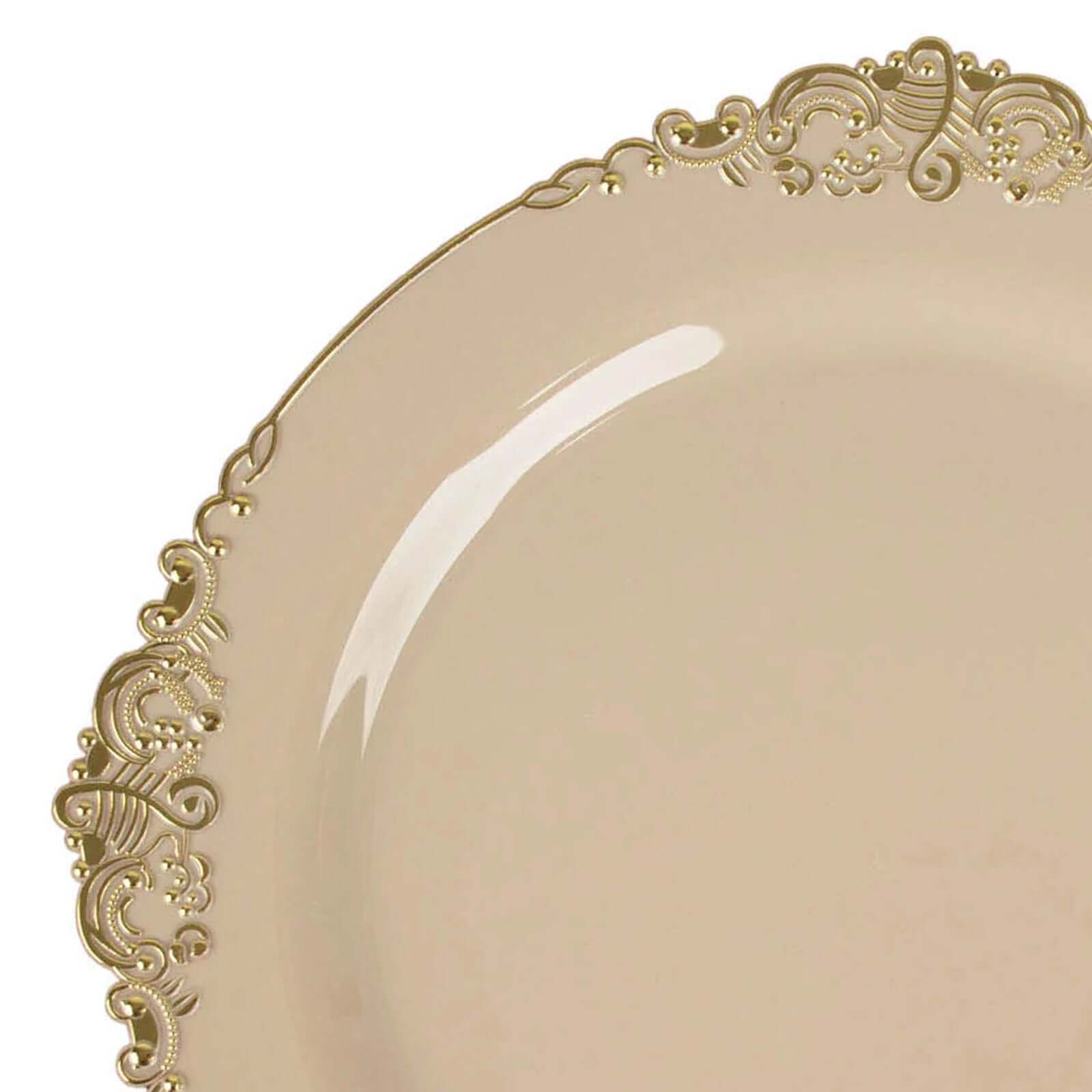 10-Pack Plastic 8 Round Dessert Plates in Taupe with Gold Leaf Embossed Rim - Disposable Vintage Baroque Style Salad Plates