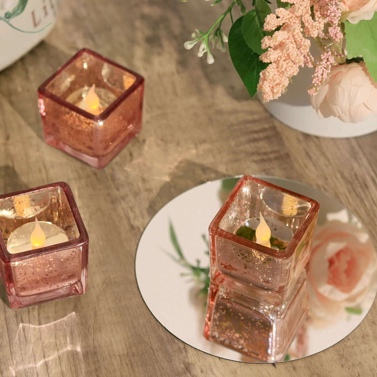 12-Pack Mercury Glass Candle Holders Rose Gold with Speckled Design - Square Votive Tealight Holders 2