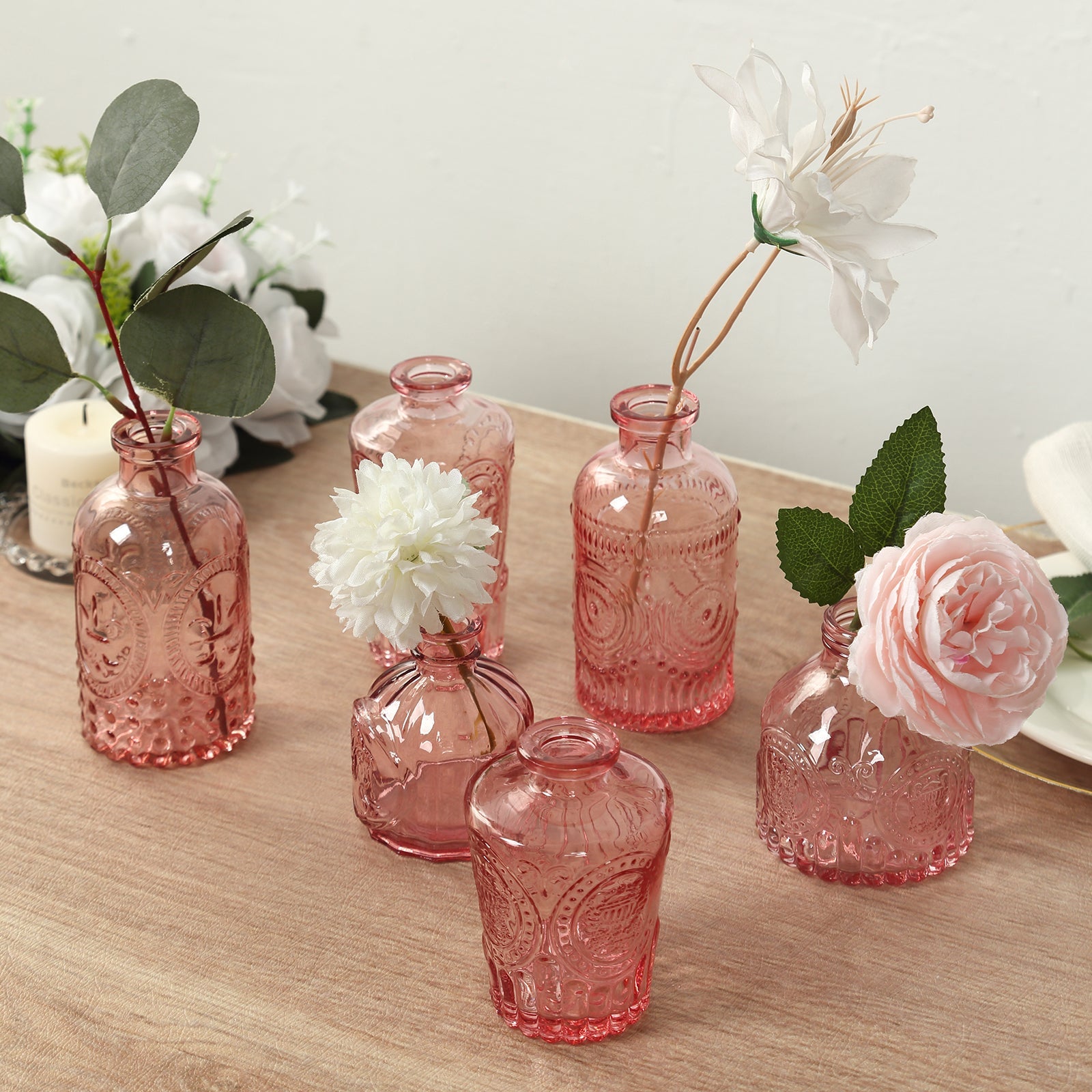 Set of 6 Embossed Glass Bud Vases Vintage Dusty Rose - Apothecary Style Decorative Table Centerpieces