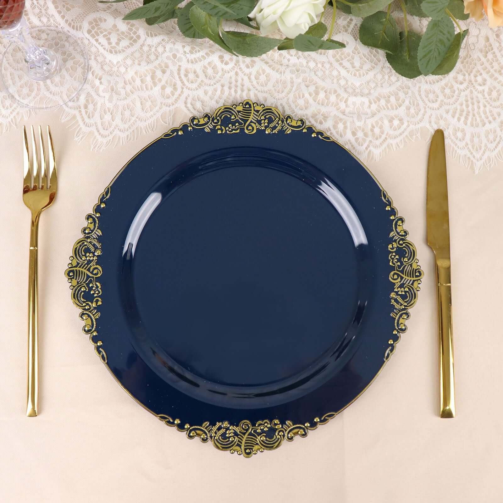 10-Pack Plastic 10 Round Dinner Plates in Navy Blue with Gold Leaf Embossed Rim - Disposable Vintage Baroque Style Plates