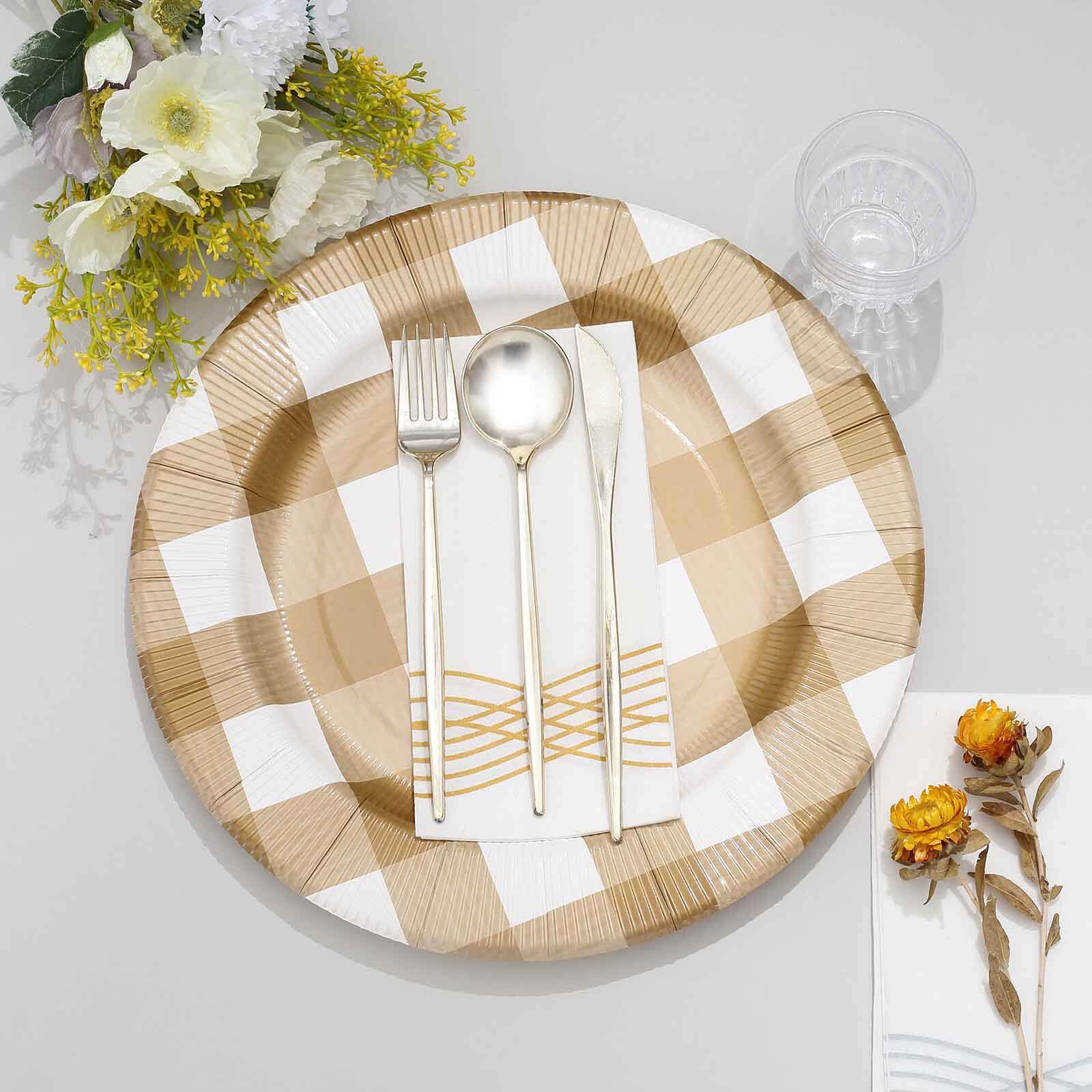 10-Pack Disposable Table Placemats in Gold/White with Buffalo Plaid Design - Checkered 50GSM Cardboard Placemats for Events & Outdoor Gatherings 13