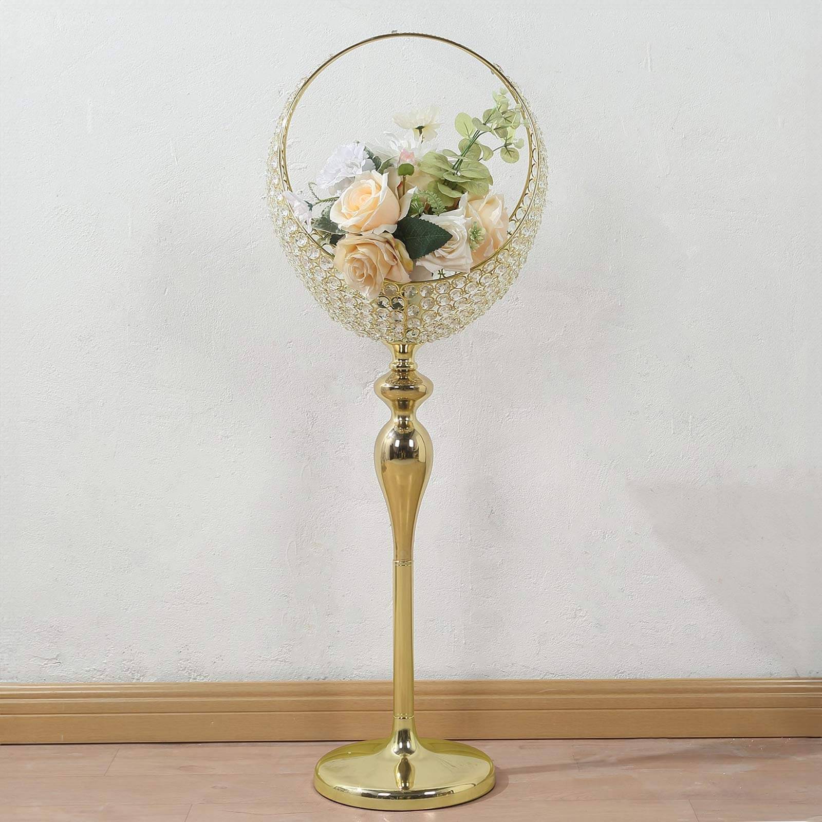 Metal Crystal Beaded Candle Holder Stand, Half Moon Basket Design Gold Wedding Flower Centerpiece with Round Stable Base 3ft Tall