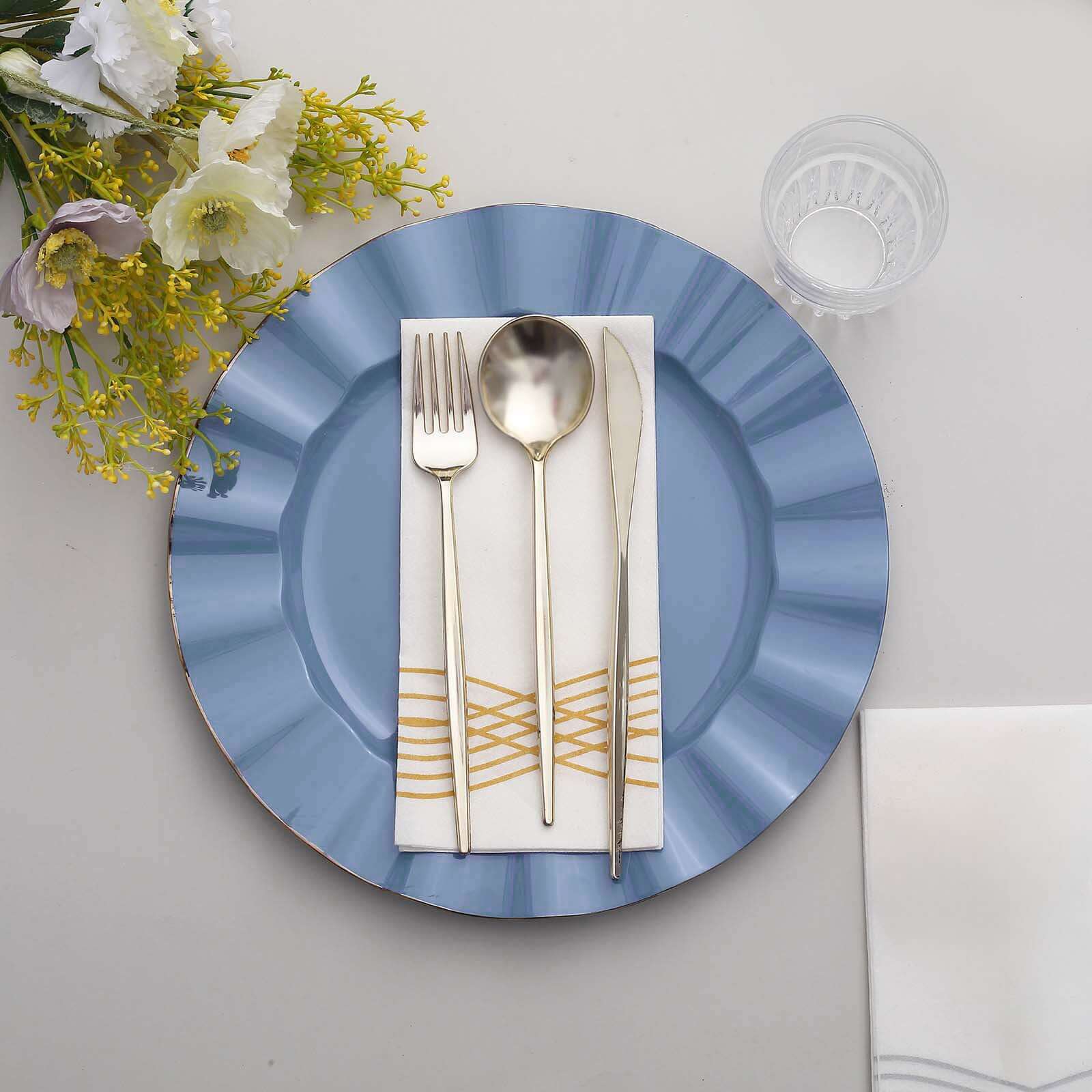 10-Pack Plastic 11 Round Dinner Plates in Ocean Blue Ruffled Rim with Gold Edging - Sturdy Disposable Dinnerware