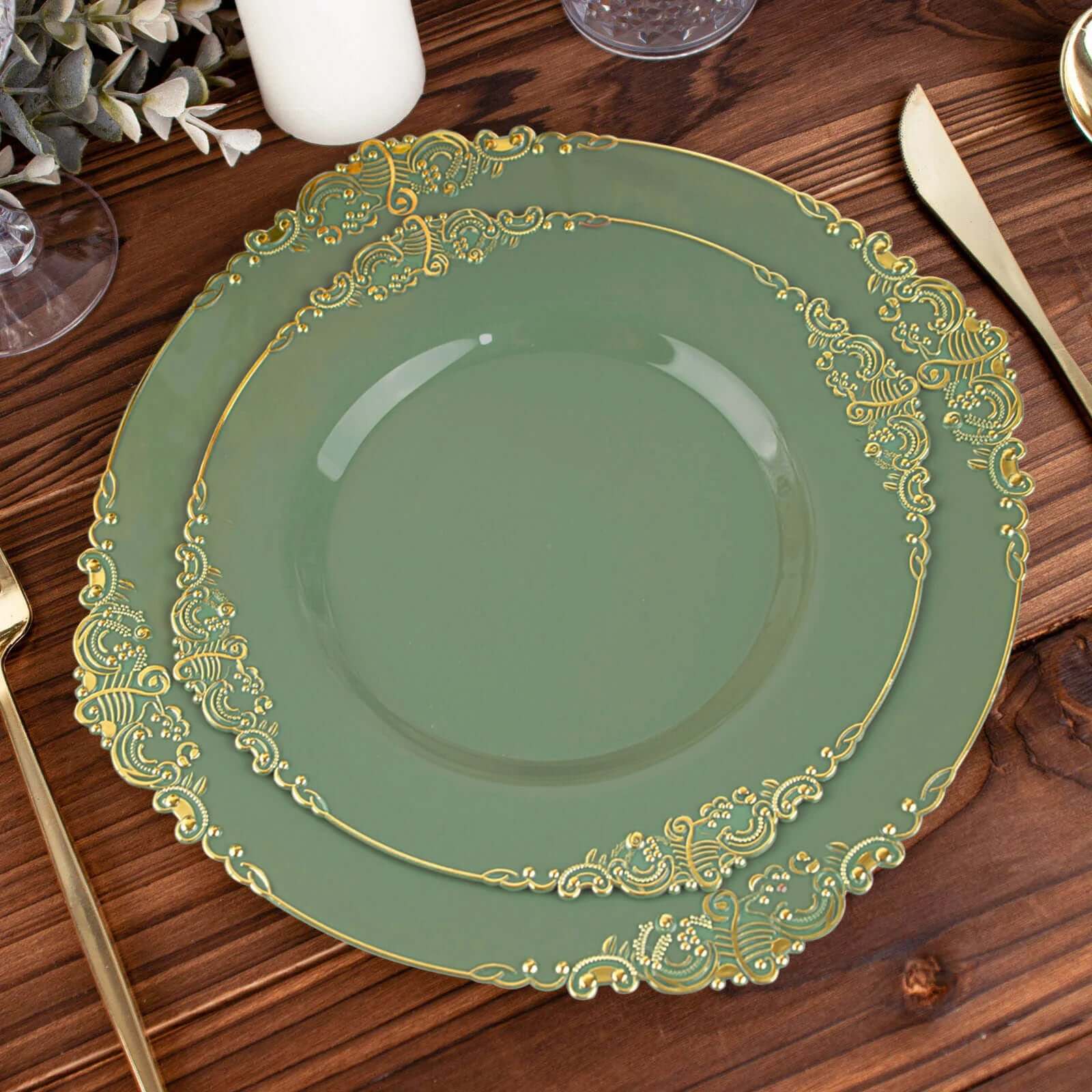 10-Pack Plastic 8 Round Dessert Plates in Dusty Sage Green with Gold Leaf Embossed Rim - Disposable Vintage Baroque Style Salad Plates