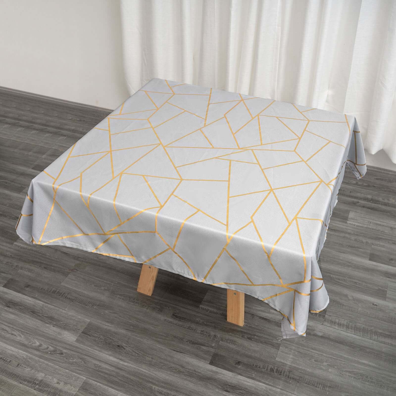 Polyester 54x54 Square Tablecloth Silver with Gold Foil Geometric Pattern - Wrinkle-Resistant & Durable for Stylish Settings