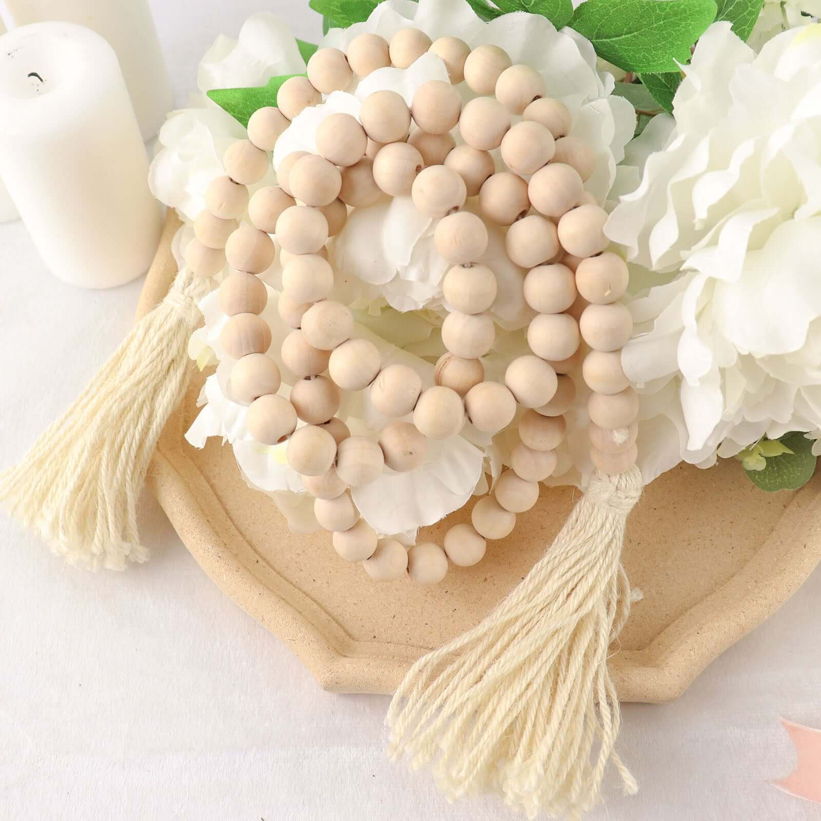 55 Cream Rustic Boho Chic Wood Bead Garland With Tassels, Farmhouse Country Wood Bead Chain