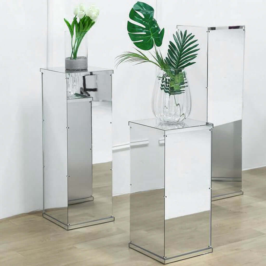 32 Silver Mirror Finish Acrylic Display Box, Pedestal Riser with Interchangeable Lid and Base