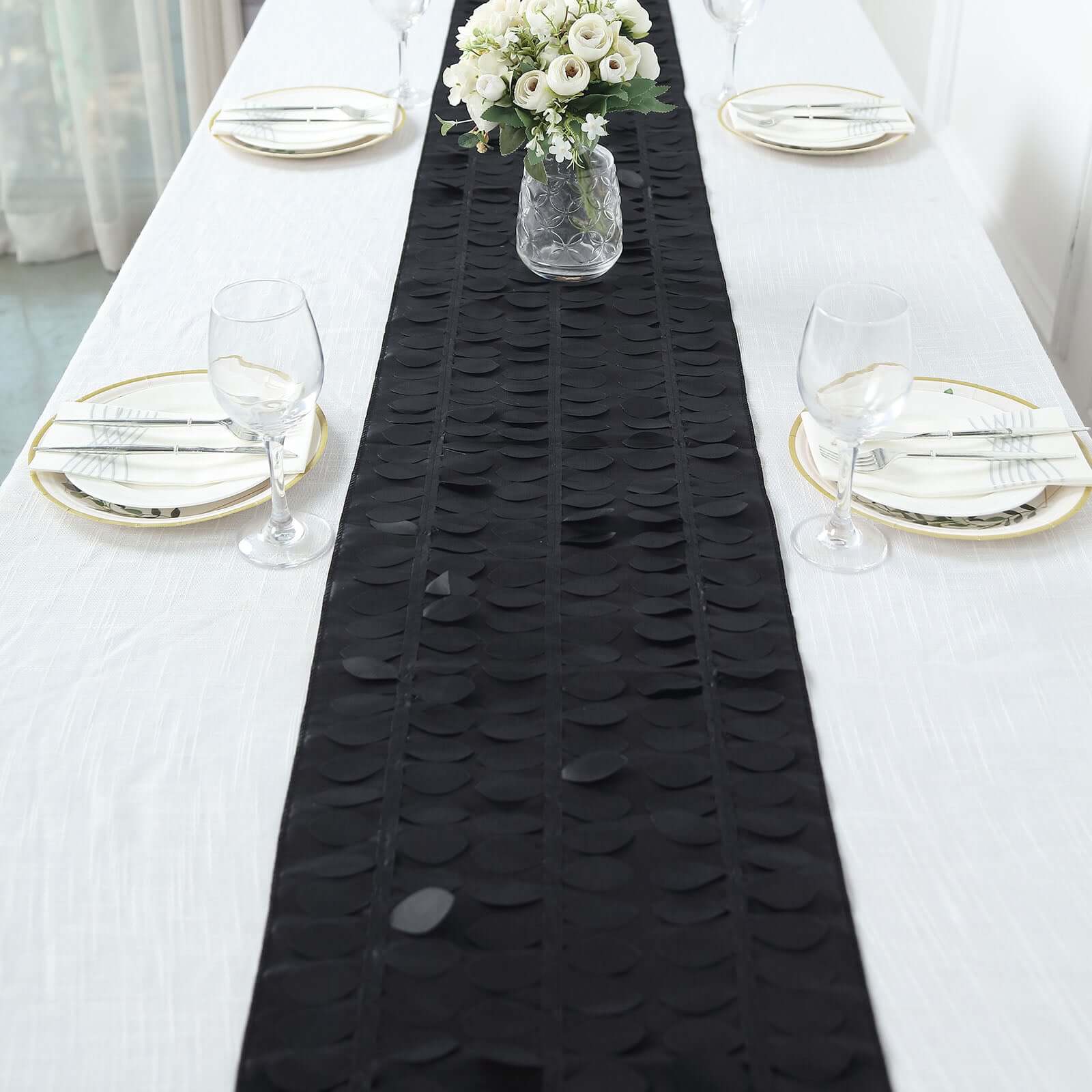 Taffeta Fabric 12x108 Table Runner Black - 3D Leaf Petal Design