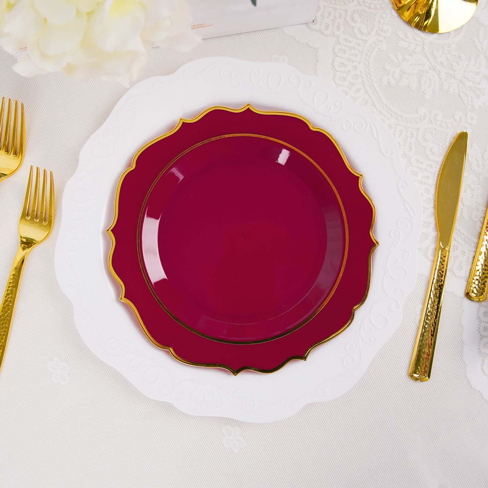 10-Pack Plastic 8 Round Desert Plates in Burgundy with Gold Scalloped Rim - Disposable Appetizer/Salad Plates