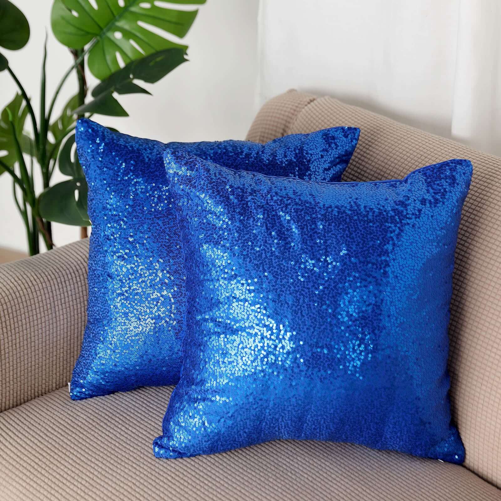 2 Pack 18x18 Sequin Throw Pillow Cover, Decorative Cushion Case - Square Royal Blue Sequin