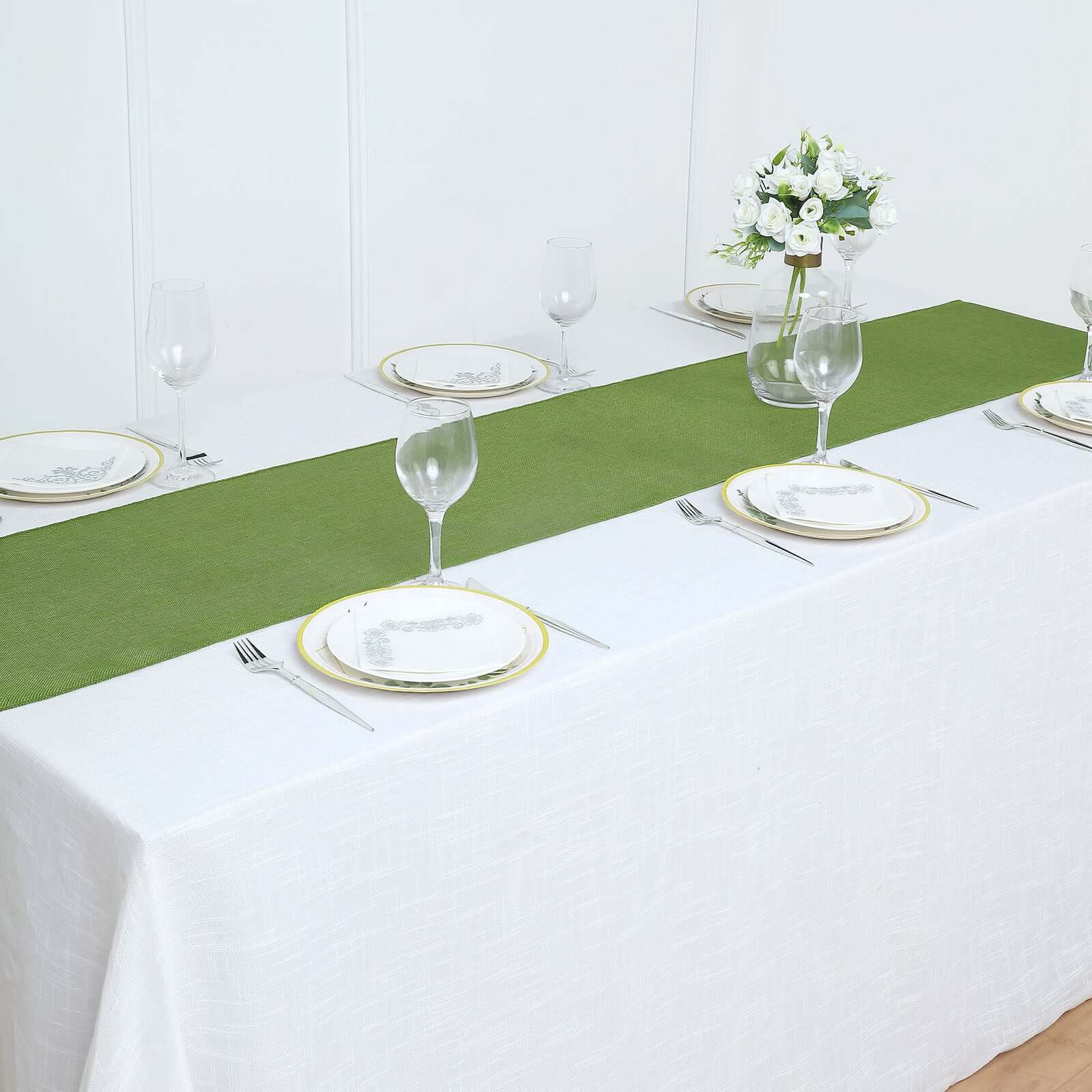 Faux Linen 14x108 Table Runner Moss Green - Rustic Style Table Decor