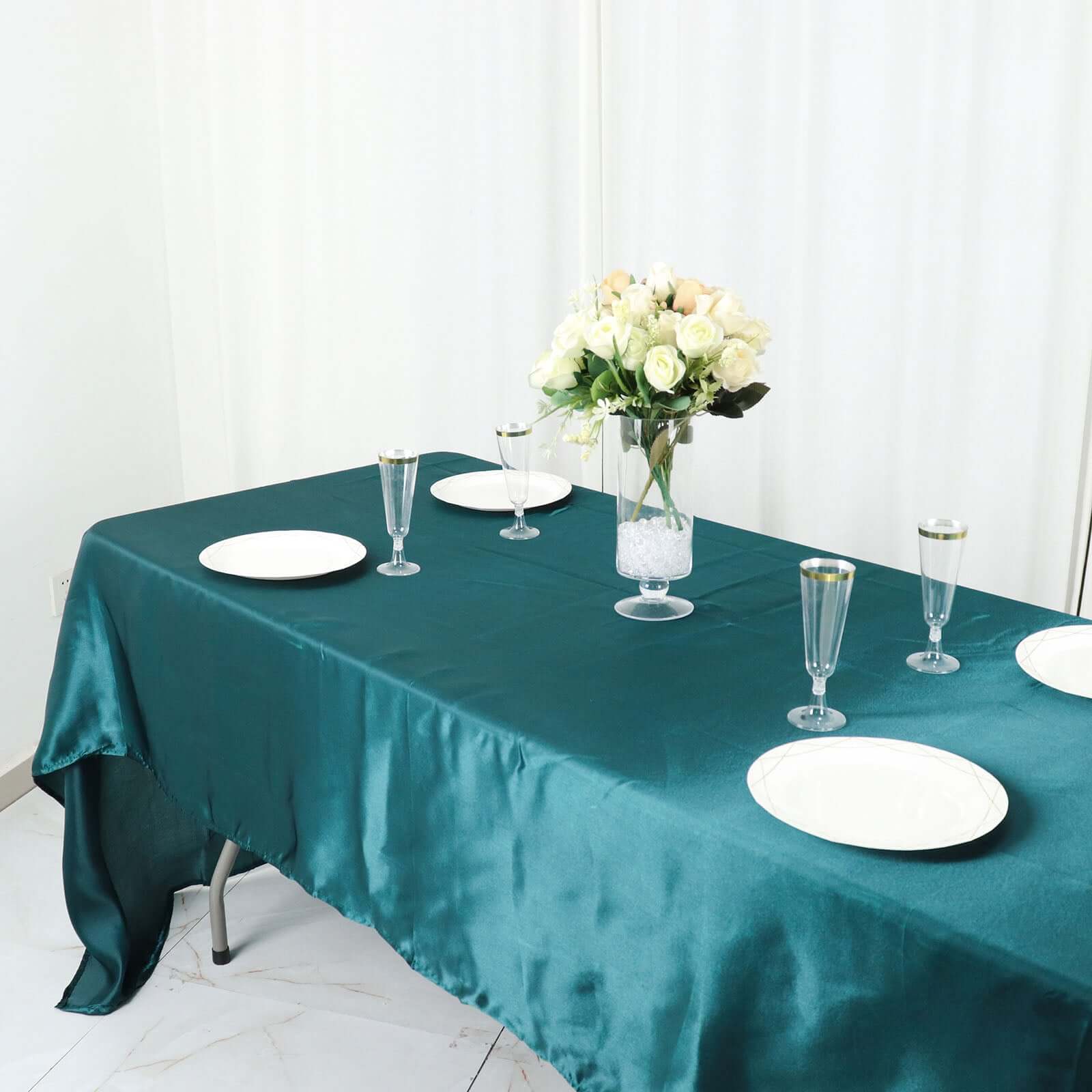 Satin Rectangular 60x126 Tablecloth Peacock Teal - Smooth and Lustrous Table Cover