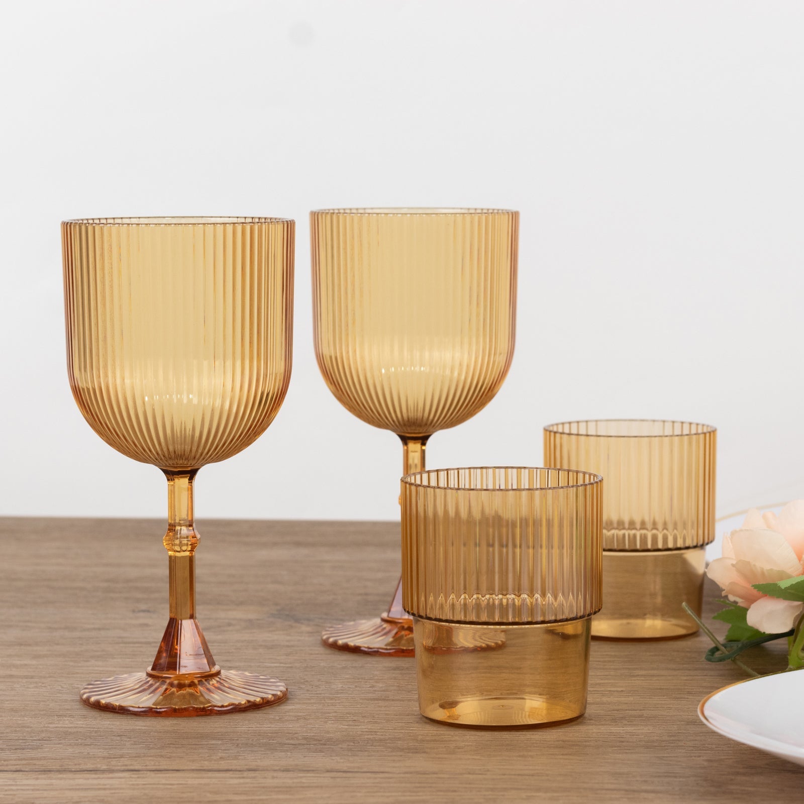 12-Pack Plastic Goblets Amber Gold Vintage Ribbed Pattern - Reusable Shatterproof Glassware 9oz