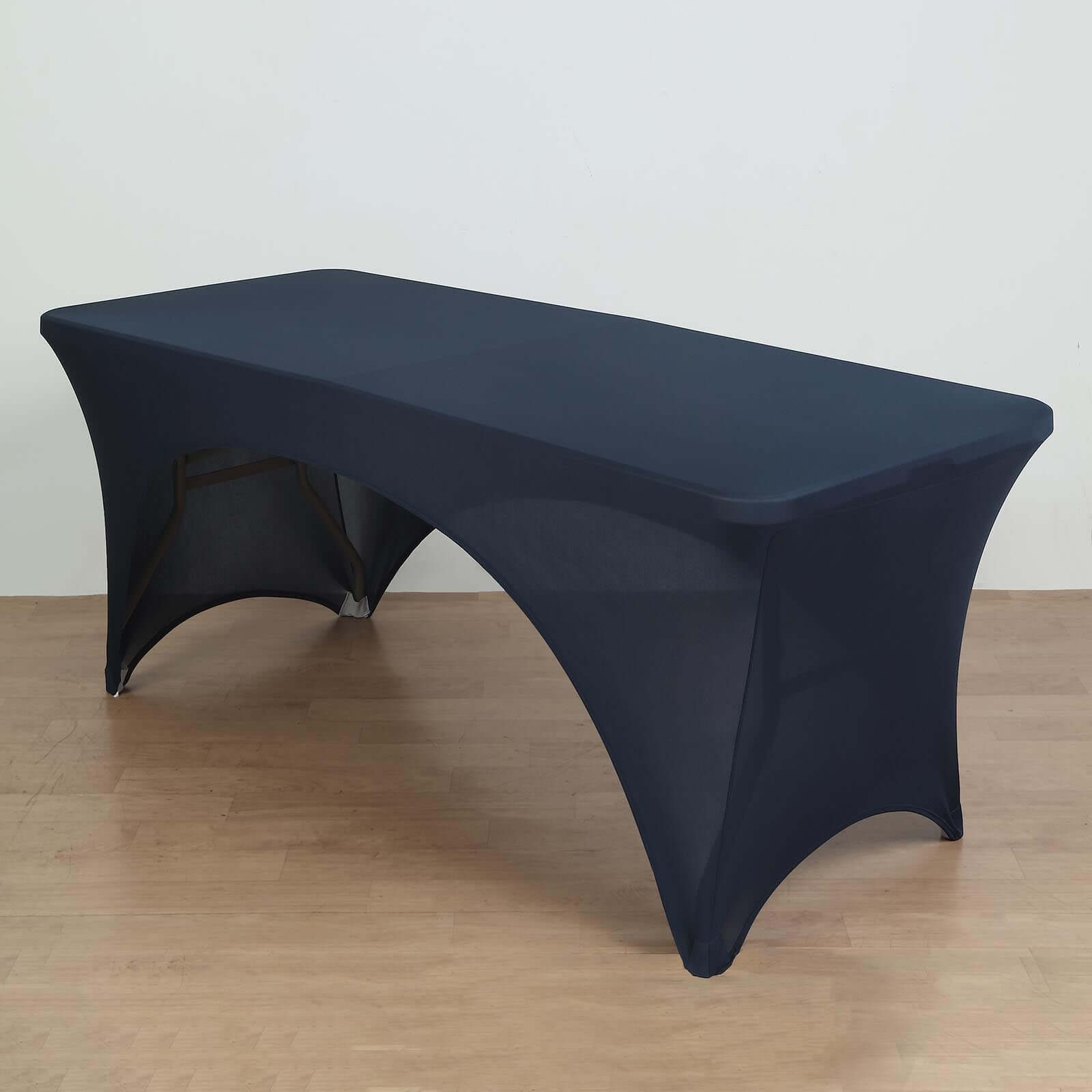 Stretch Spandex 72x30 Rectangular Table Cover Navy Blue with Curved Open Back Design Tailored Professional Look