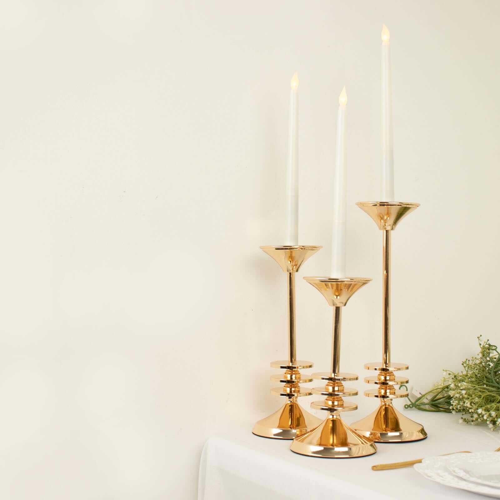 Set of 3 Taper Candlestick Holders Gold Metal with 3 Disk Pedestal Design - Decorative Centerpieces 9, 11, 13