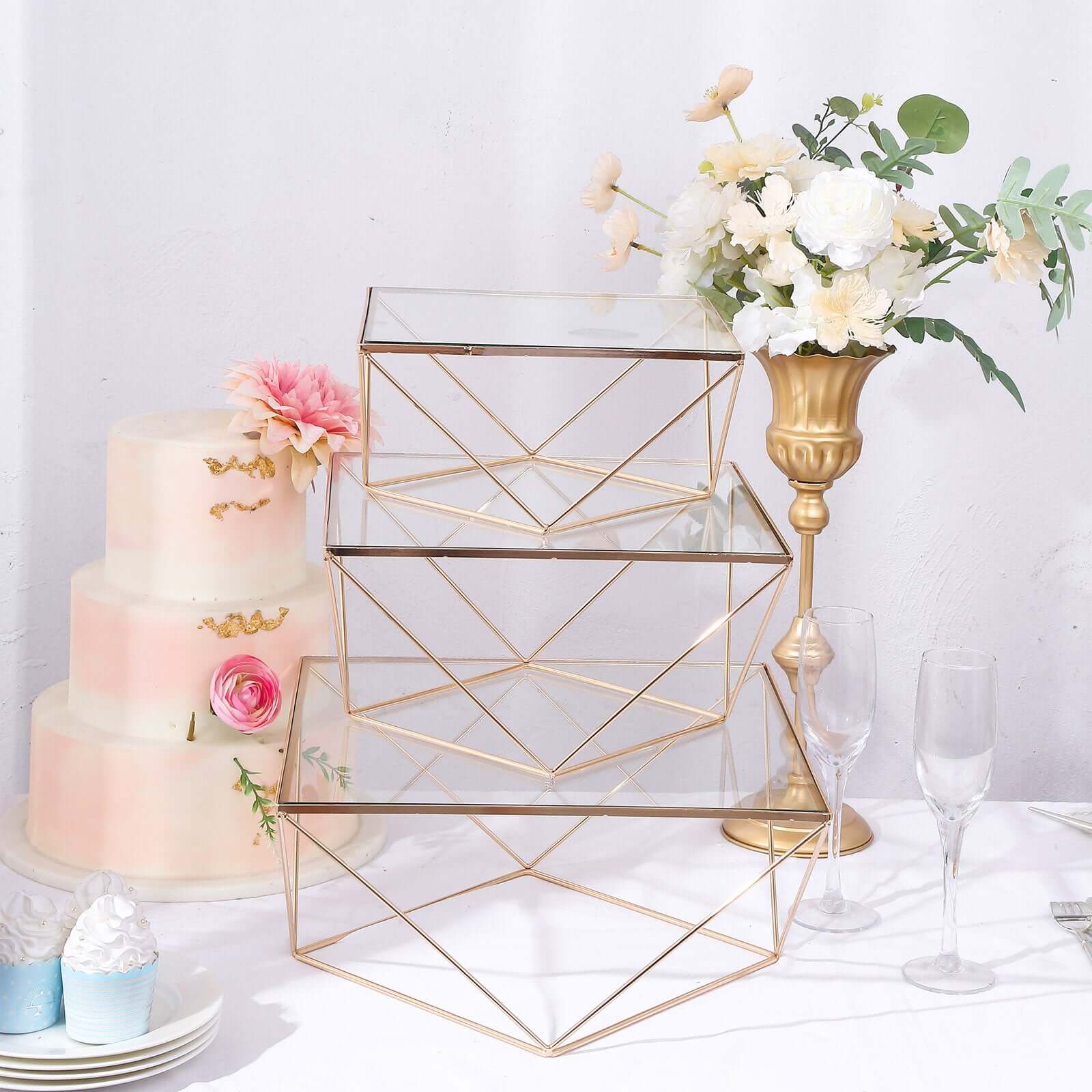 Set of 3 Metal Cake Dessert Stands Geometric Stackable Design Gold with Square Glass Top - Pedestal Display Centerpieces