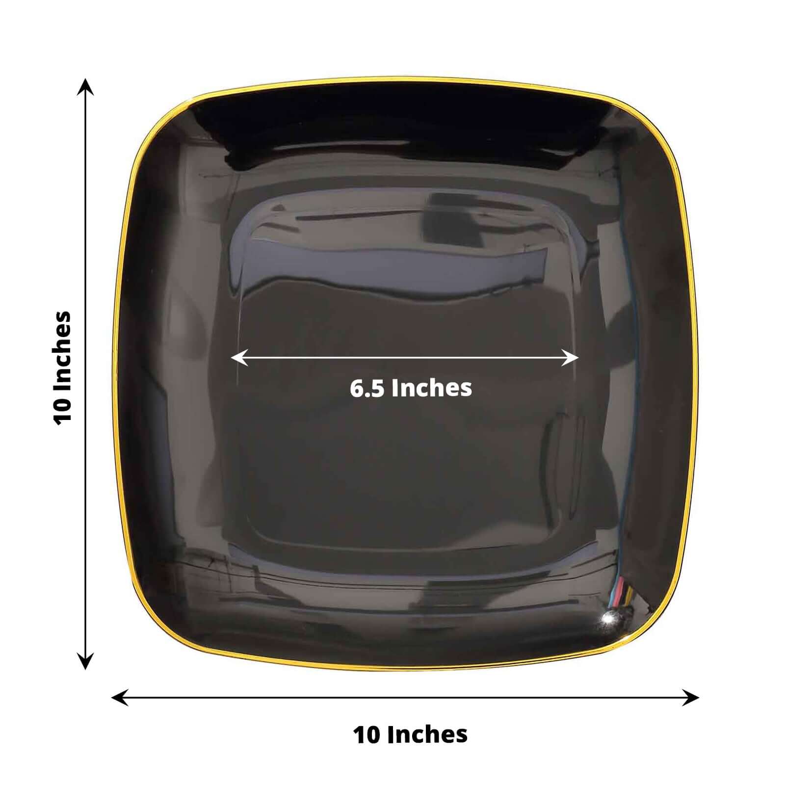 10-Pack Plastic 10 Square Dinner Plates in Black with Gold Rim - Classy Disposable Lunch Party Plates