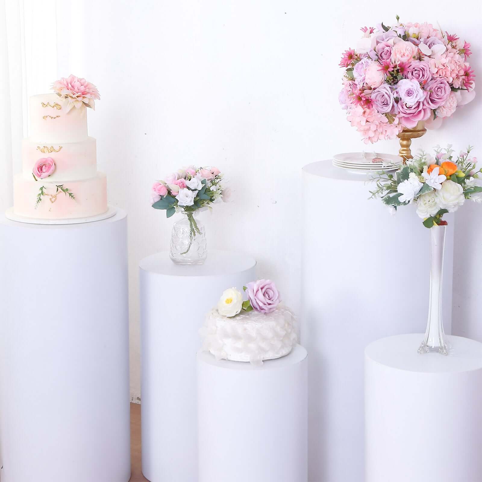 Set of 5 White Metal Cylinder Pillar Prop Stands For Wedding Aisle, Round Plinth Pedestal Display Boxes - 20,22,24,26,30