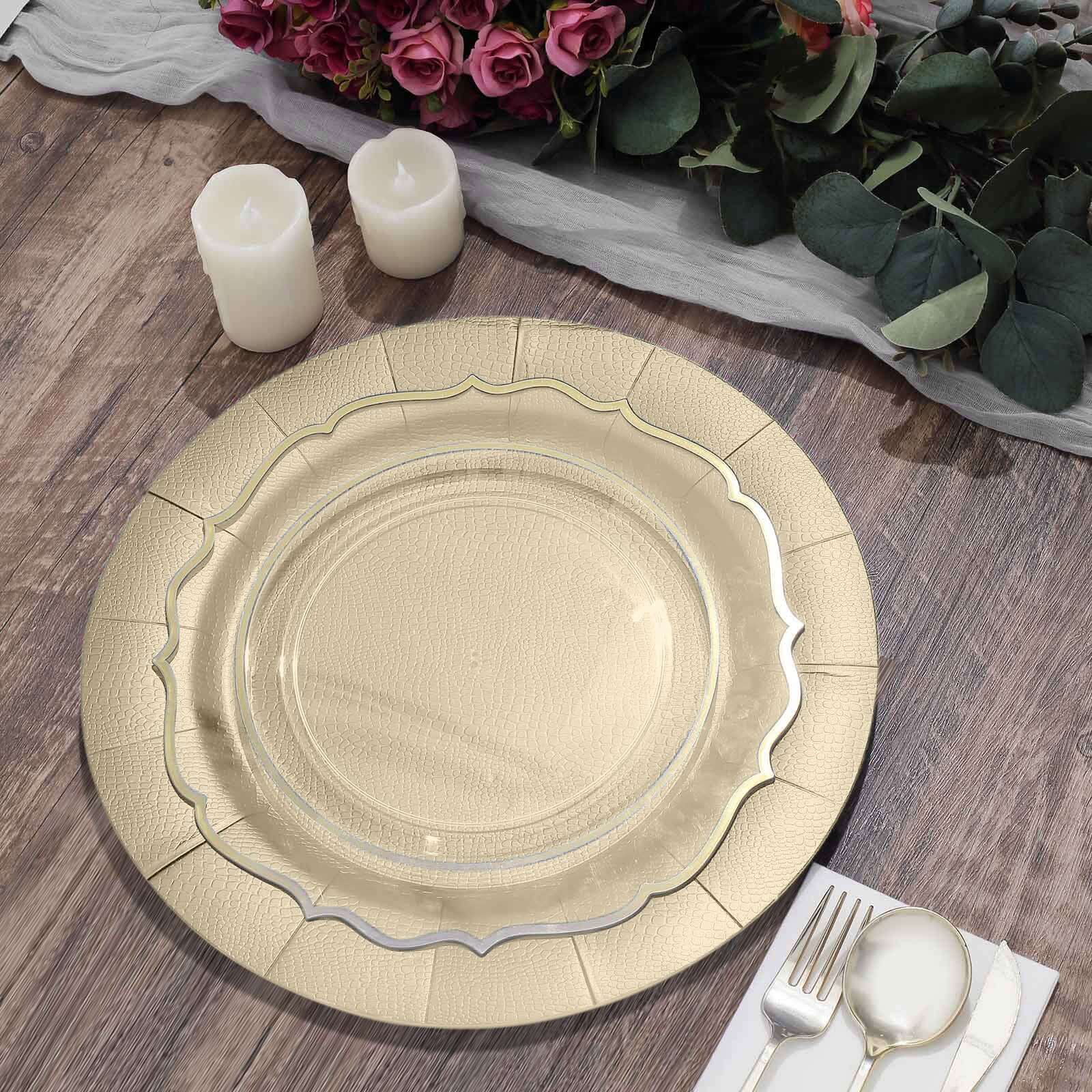 10-Pack Disposable Round Charger Plates in Champagne with Leathery Texture - Durable 1100GSM Cardboard Placemats 13