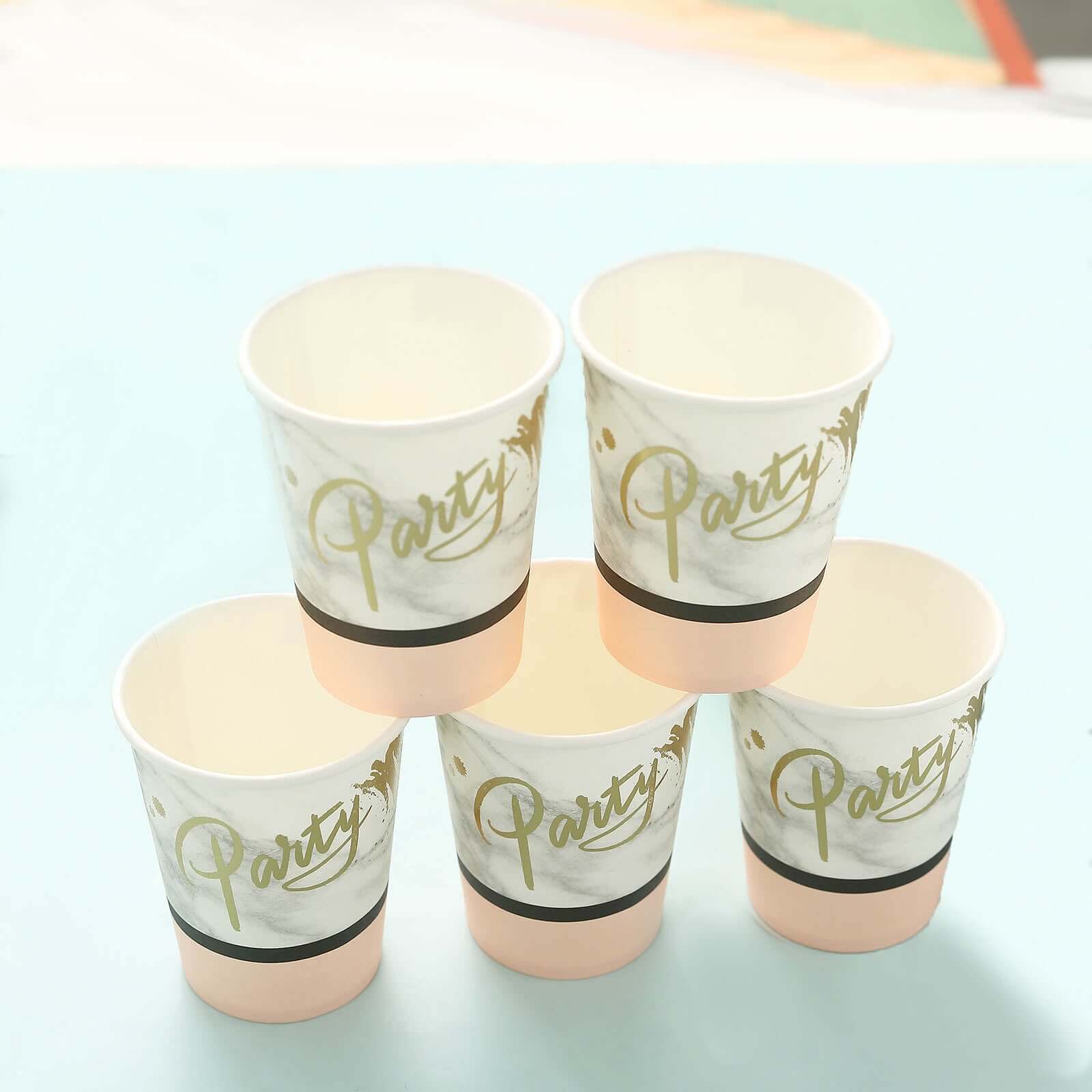 24-Pack Paper Cups in Blush with Marble Top - Stylish Disposable Party Cups for Hot & Cold Beverages 9oz