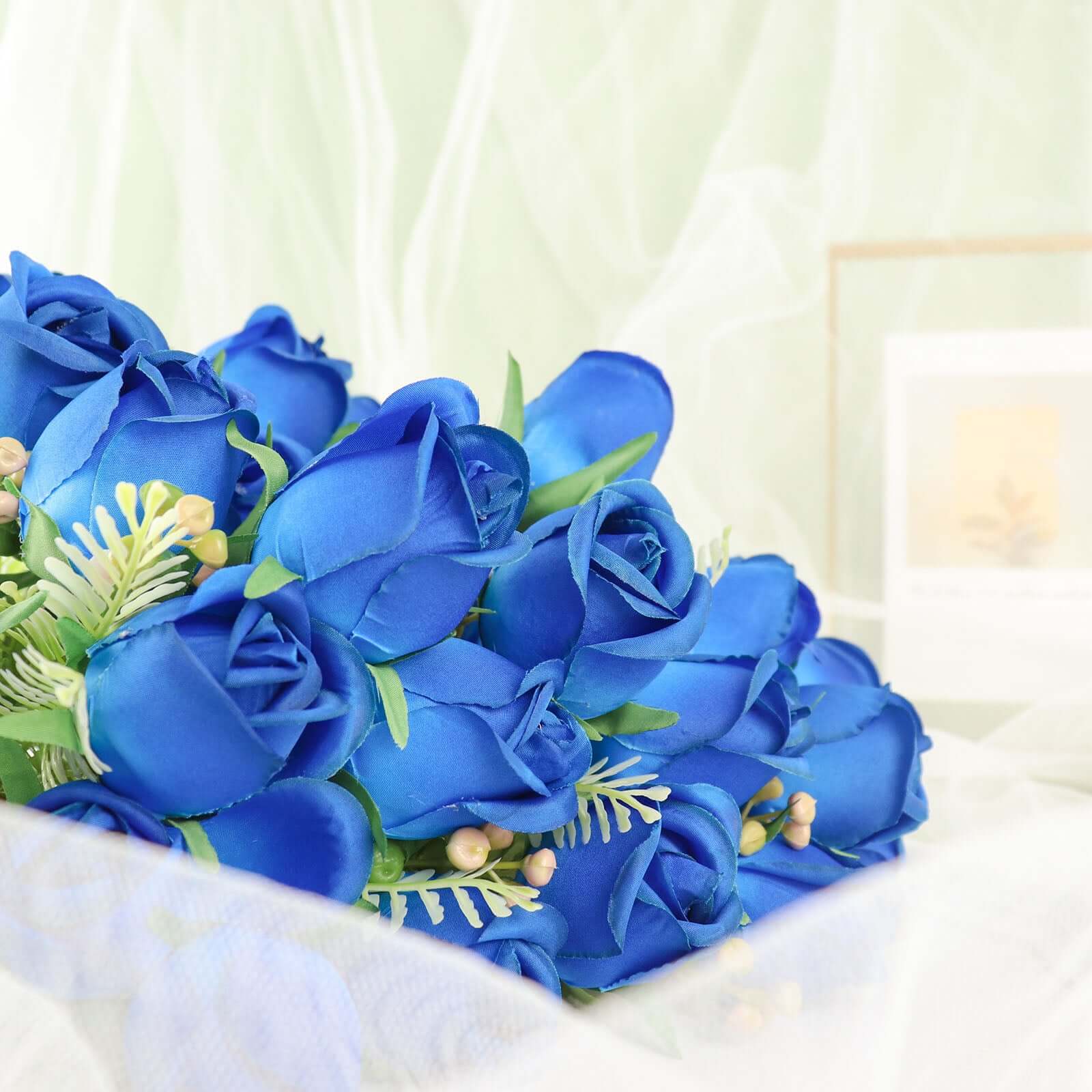 3 Pack 13 Royal Blue Real Touch Silk Rose Bud Flower Bridal Bouquets, Artificial Floral Bush Arrangements