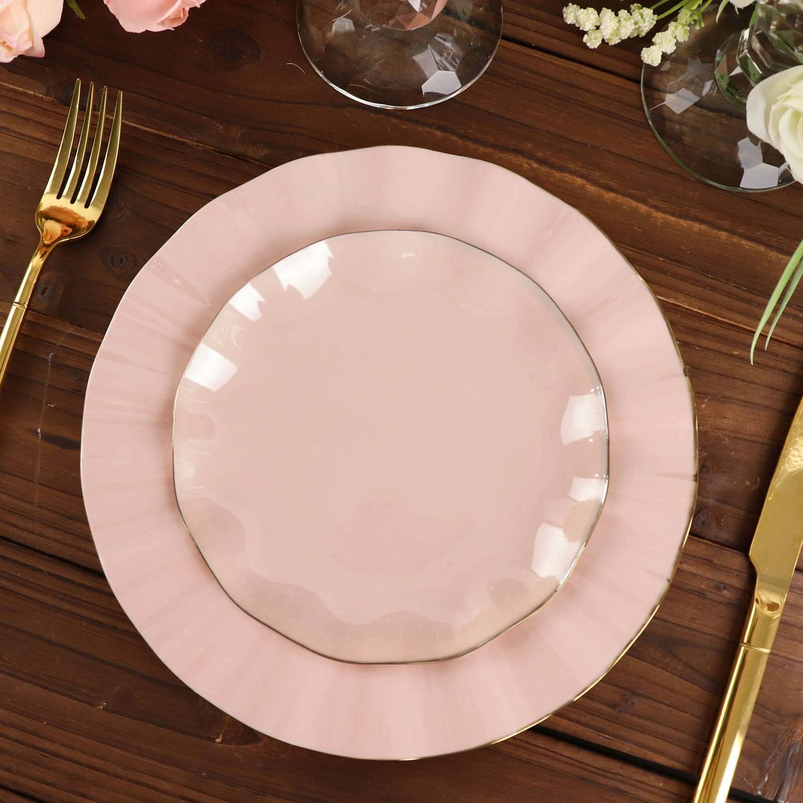 10-Pack Plastic Round 6 Dessert Plates in Blush Ruffled Rim with Gold Edging - Sturdy Disposable Salad Appetizer Dinnerware