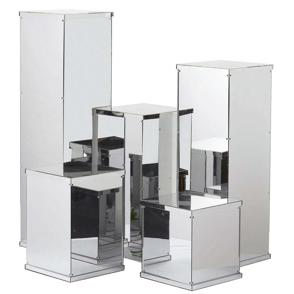 Set of 5 Silver Mirror Finish Acrylic Display Boxes, Pedestal Risers with Interchangeable Lid and Base - 12,16,24,32,40