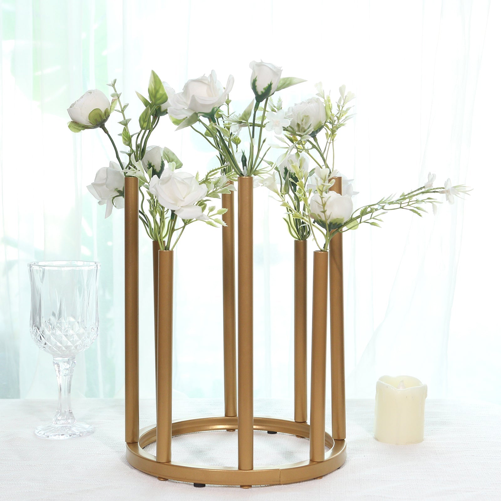 Flower Vase Gold Metal Minimalist 8-Tubes Round Base Design - Single Stem Bud Centerpiece for Arrangements 10