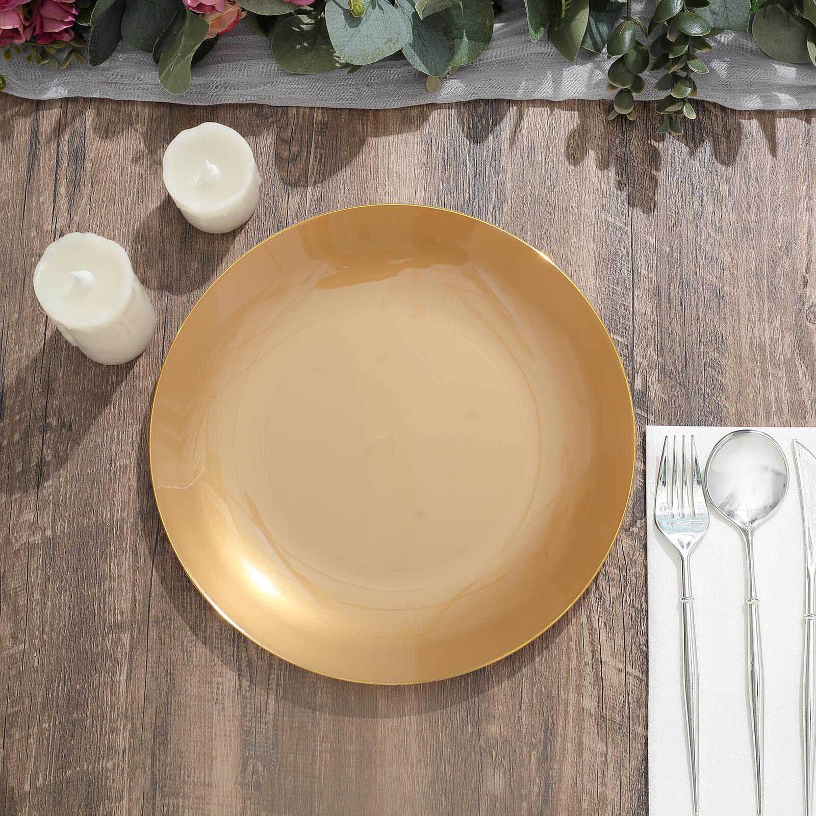 10-Pack Plastic 10 Round Dinner Plates in Gold with Gold Rim - Glossy Disposable Party Plates