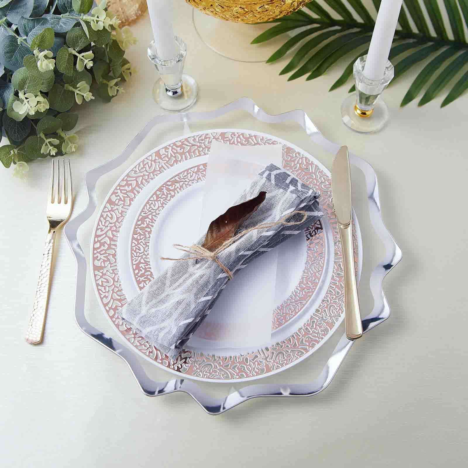 6-Pack Acrylic Plastic Round Charger Plates 13 in Clear with Silver Scalloped Edge, Exquisite Dinner Serving Plates