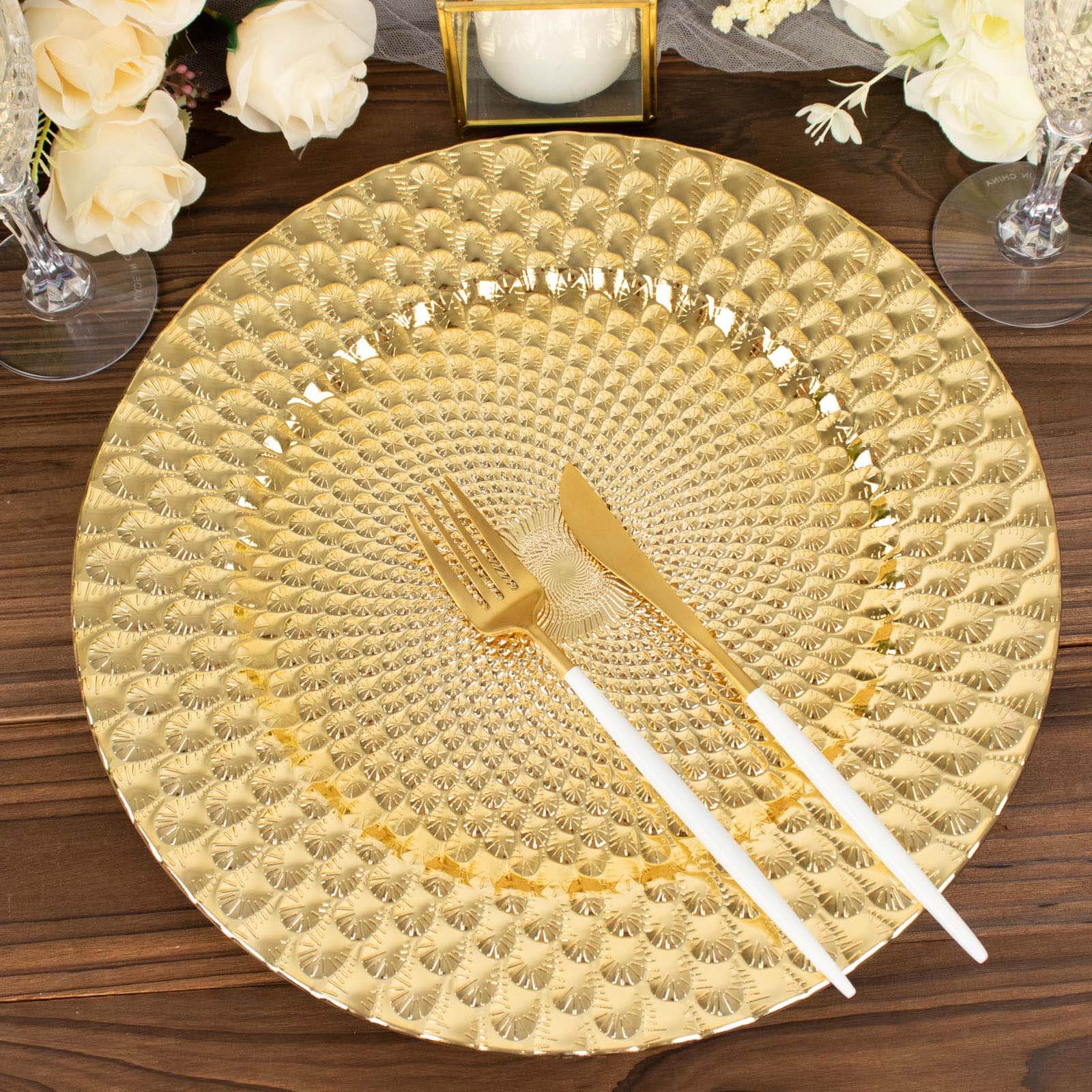 6-Pack Plastic Round Charger Plates 13 in Gold with Peacock Pattern, Exquisite Decorative Dinner Party Charger Tableware